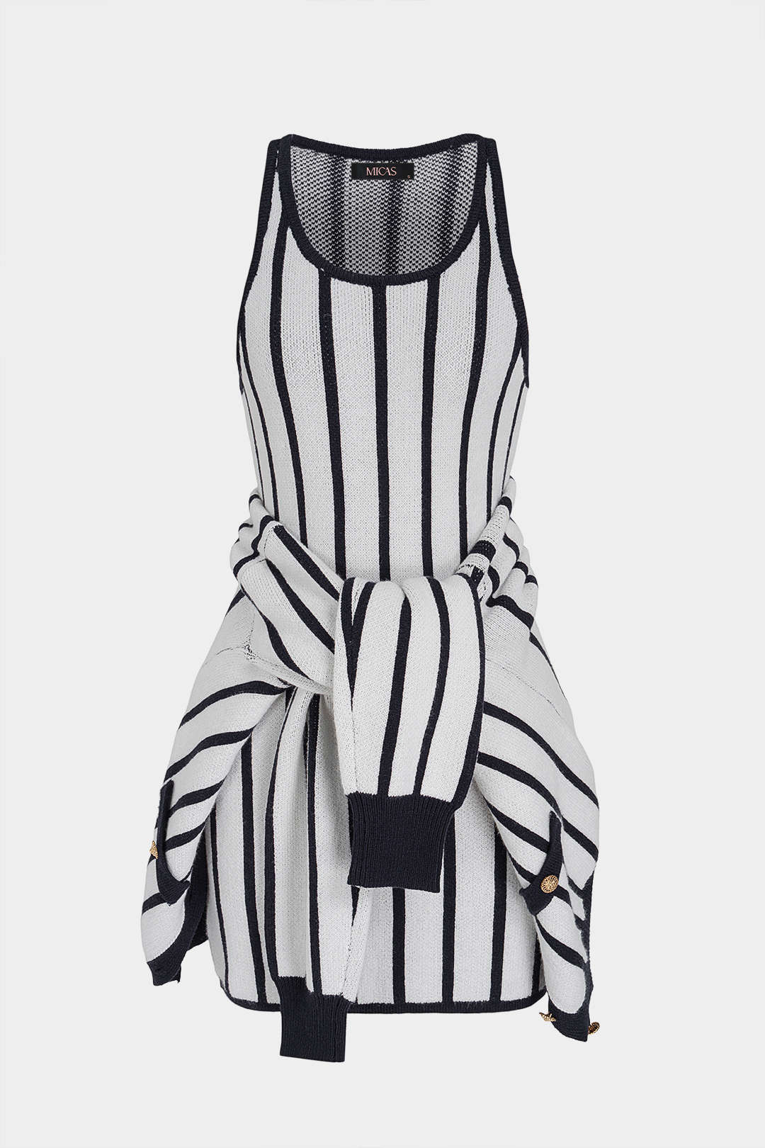 Knit Stripes Print V-Neck Long Sleeve Cardigan And Round Neck Sleeveless Mini Dress Set