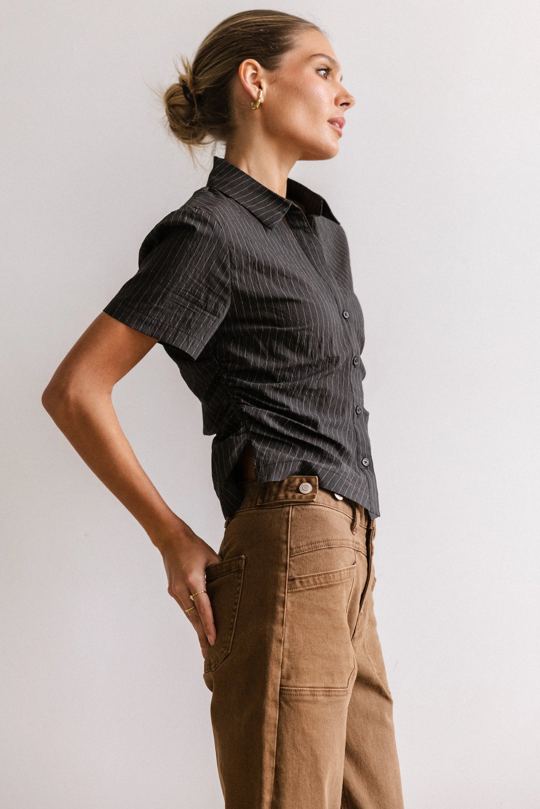 Brandy Ruched Button Up in Black