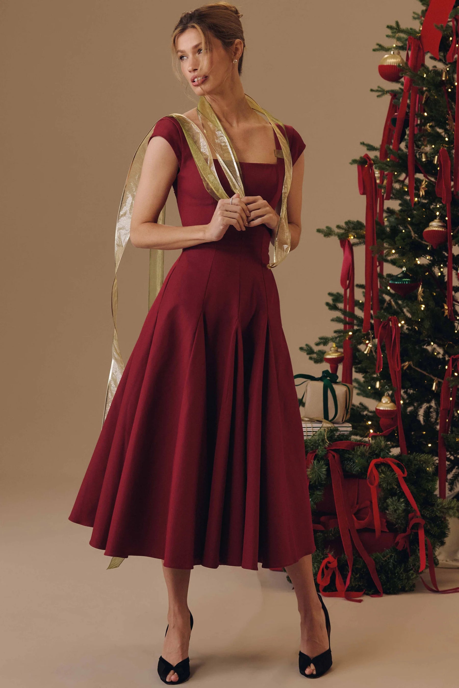 wine lace back twill midi dress