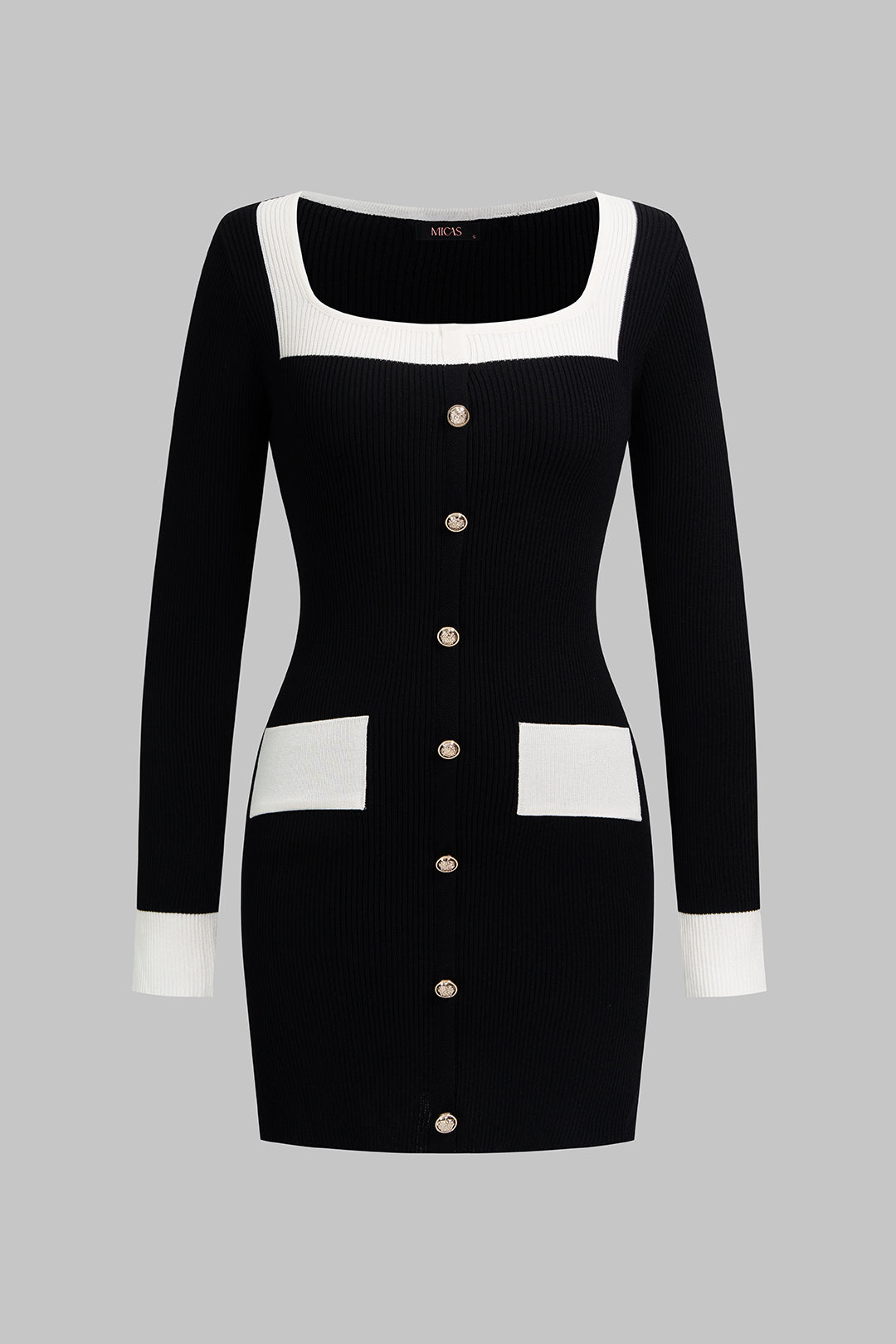 Knit Contrast Square Neck Metallic Button Long Sleeve Mini Dress