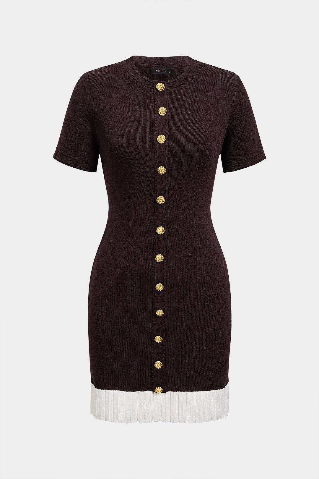 Contrast Round Neck Metallic Button Short Sleeve Mini Dress