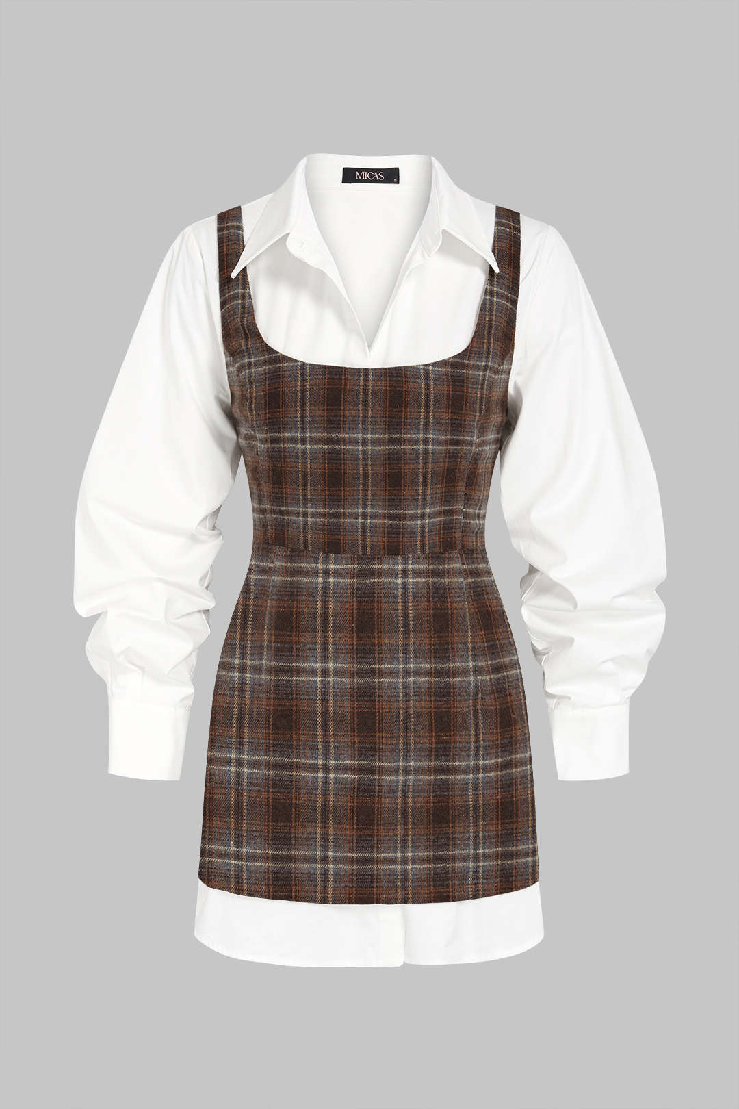 Solid Long Sleeve Shirt And Plaid Print Mini Dress Set