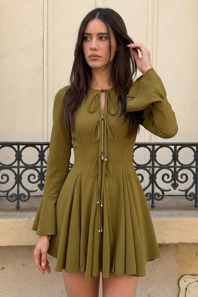 Solid Ruched Tie-Up Long Sleeve Mini Dress