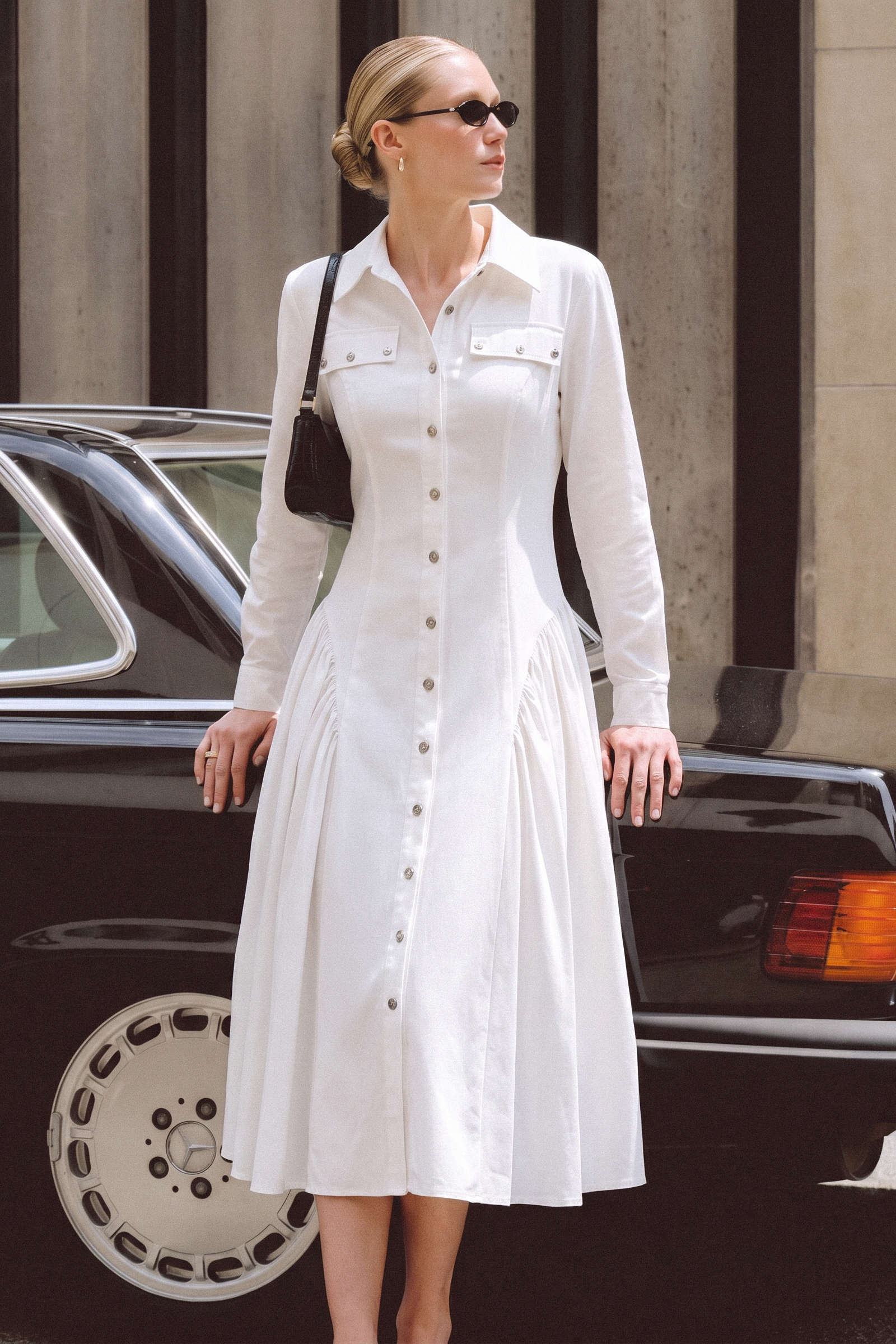 Lapel Fake Pocket Button Long Sleeve Midi Dress