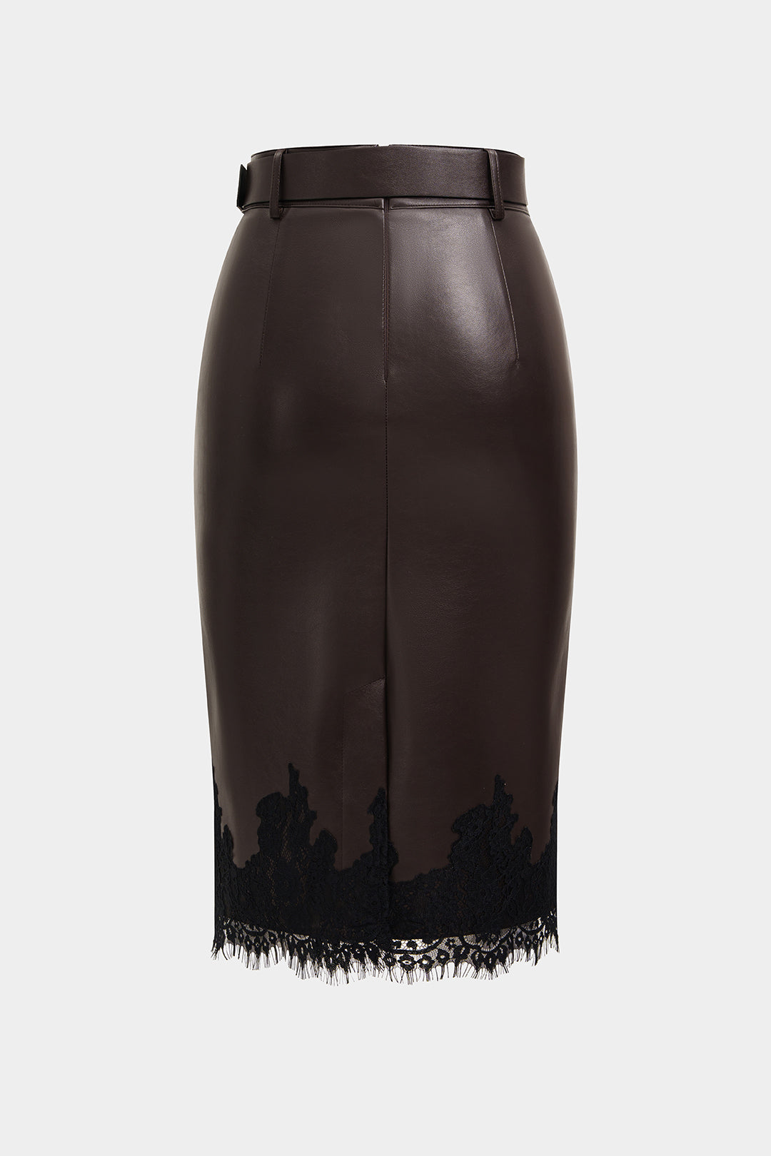 Faux Leather Patchwork Lace Belted Straight Skirt