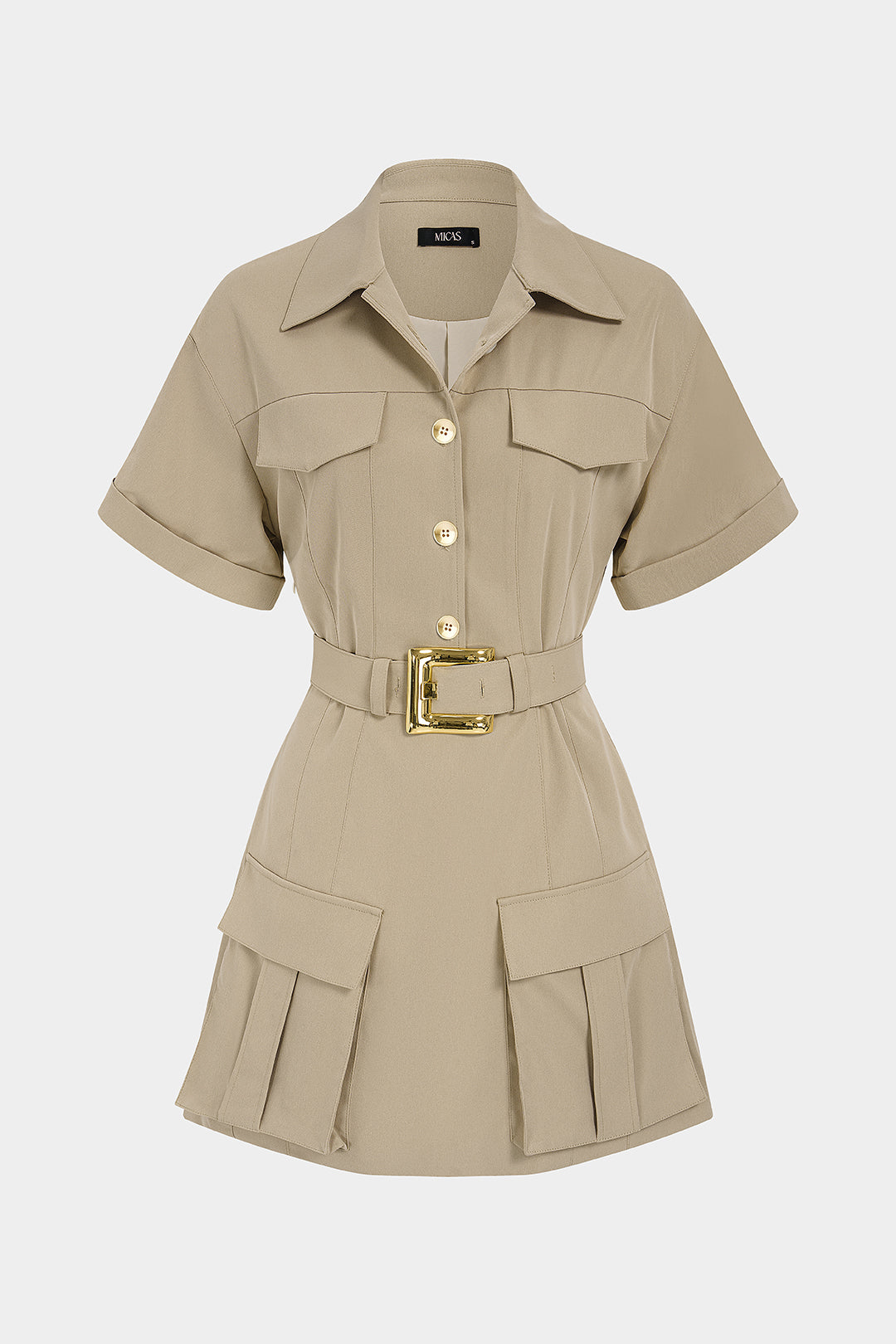 Metallic Belted Pocket Short Sleeve Mini Dress