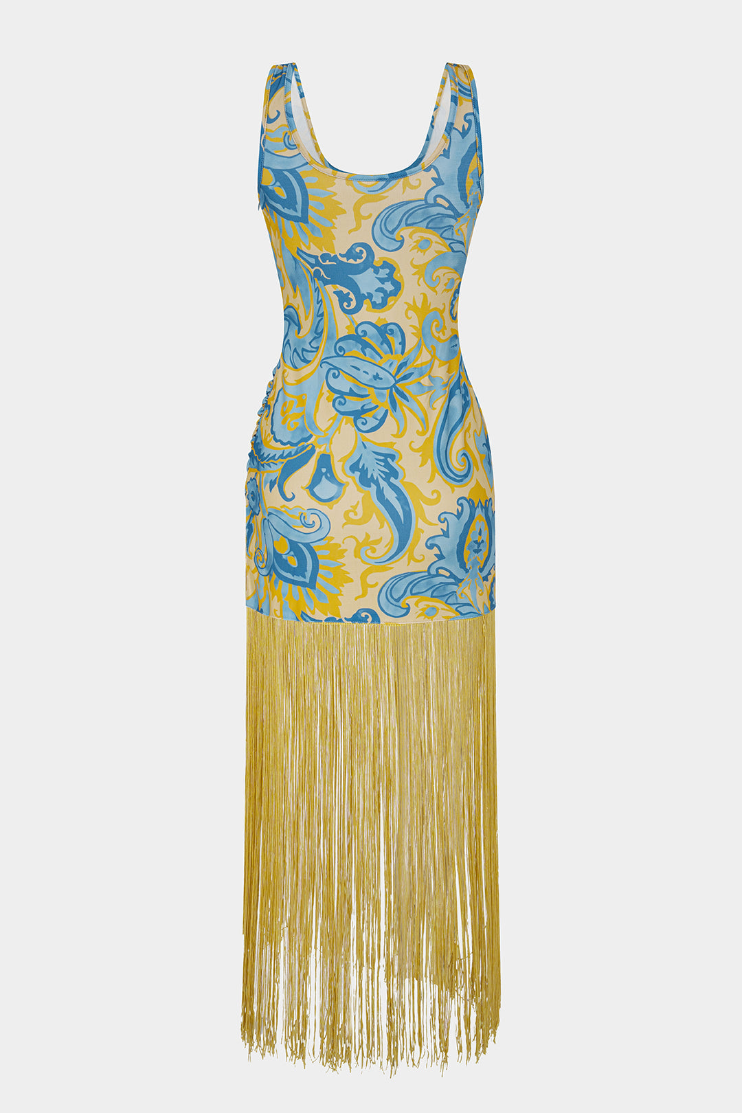 Retro Print Round Neck Fringe Hem Sleeveless Maxi Dress