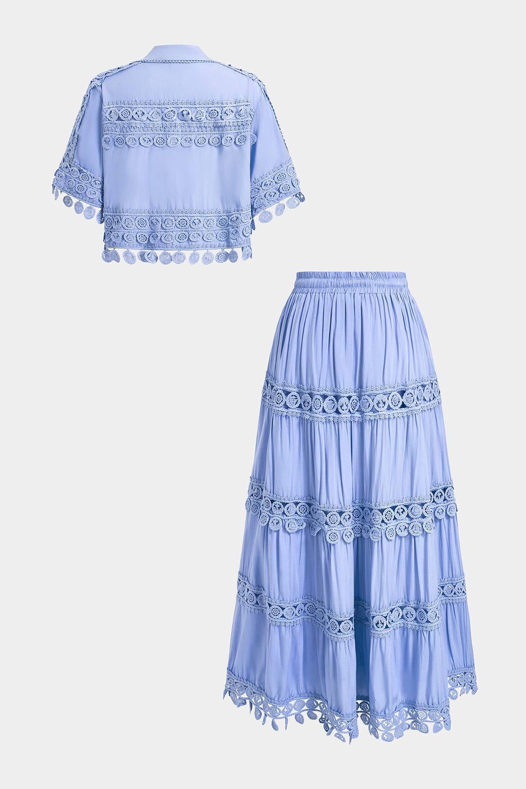 Lace Patchwork Short Sleeve Shirt And Tie-Up Ruched Skirt Set