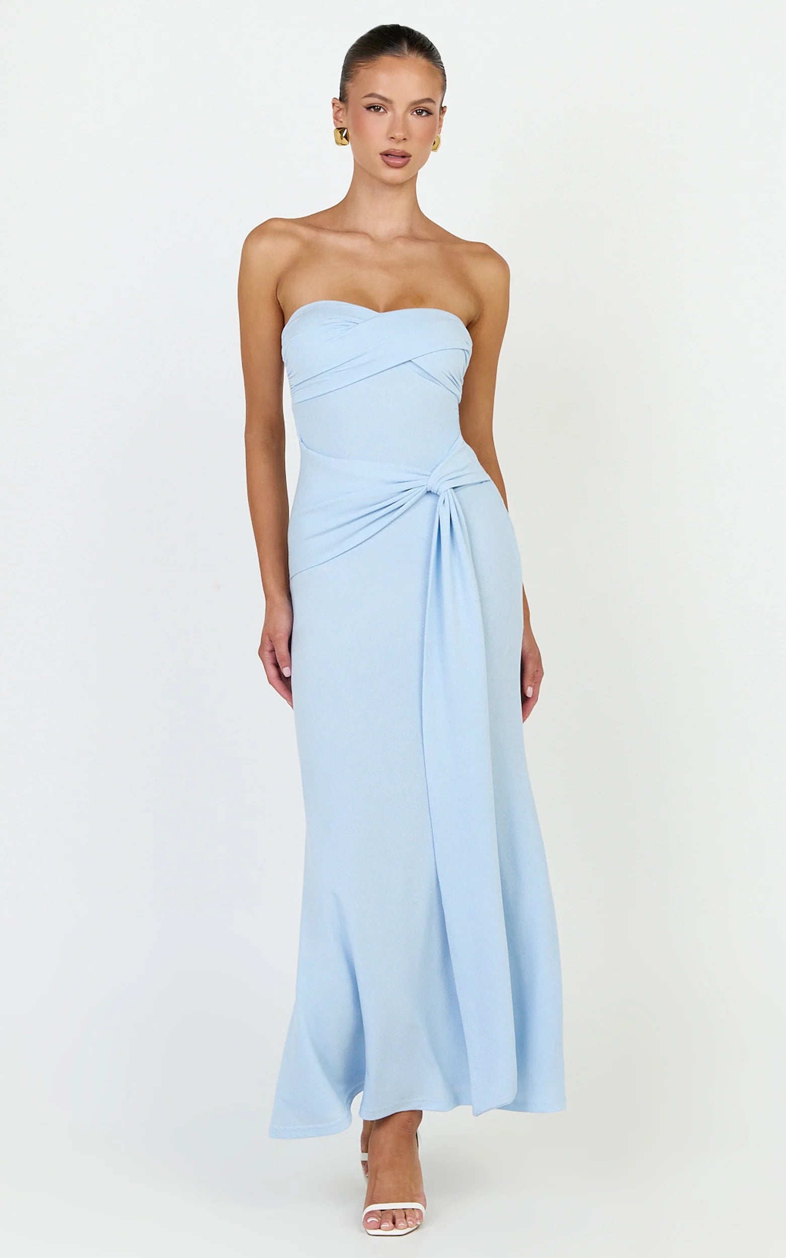 Aria Midi Dress - Strapless Tie Waist Dress in Light Blue