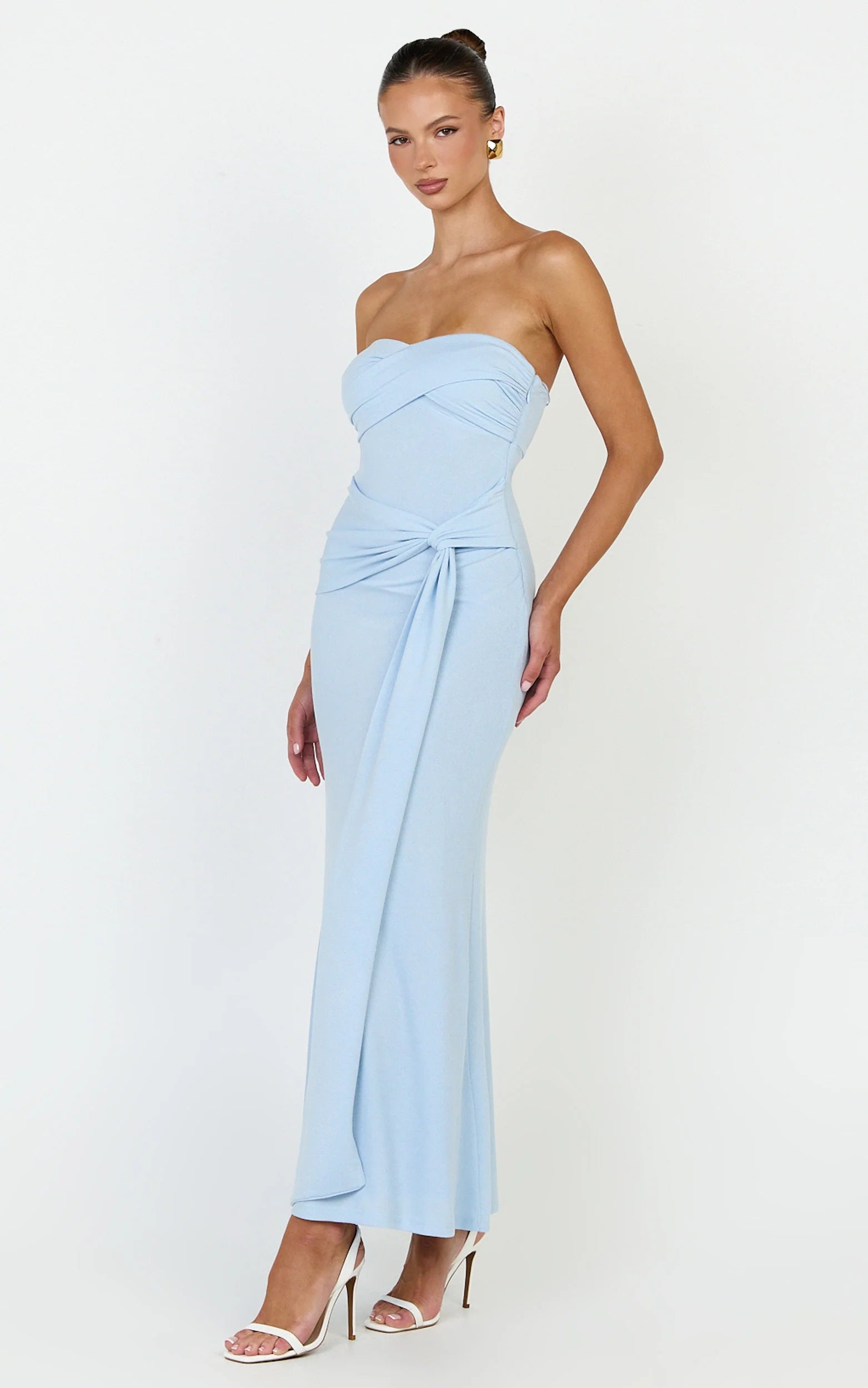 Aria Midi Dress - Strapless Tie Waist Dress in Light Blue