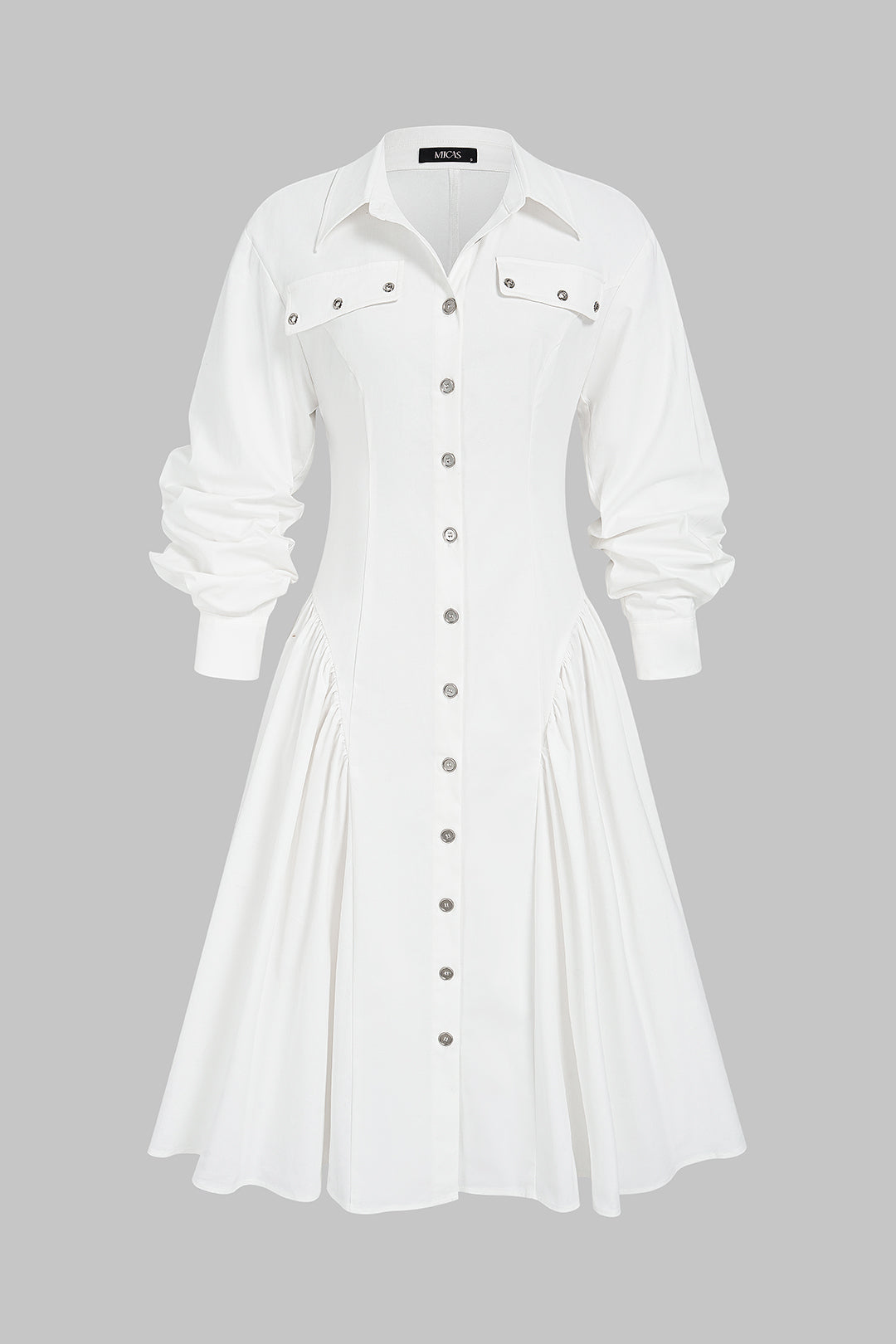 Lapel Fake Pocket Button Long Sleeve Midi Dress