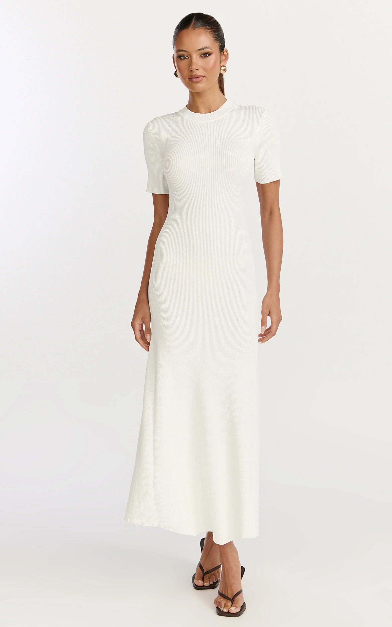 Lanie Midi Dress - Knitted Crew Neck Short Sleeve Dress in Cream