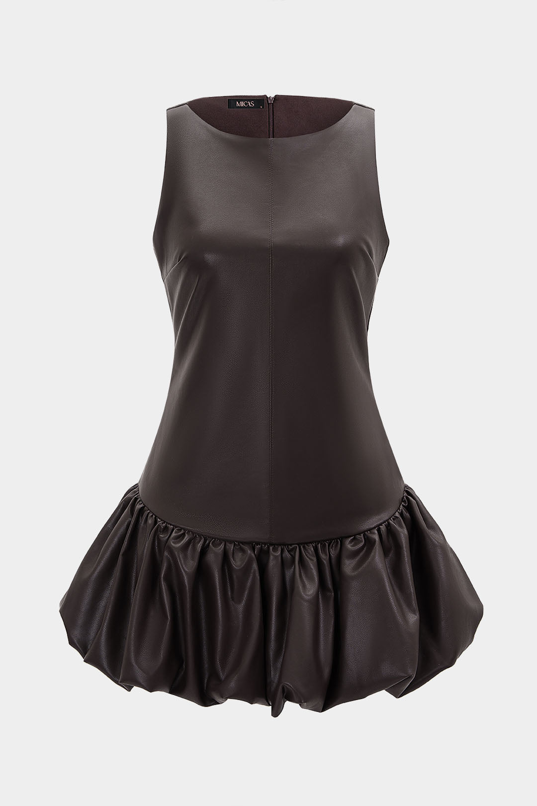 Faux Leather Round Neck Ruched Hem Sleeveless Mini Dress