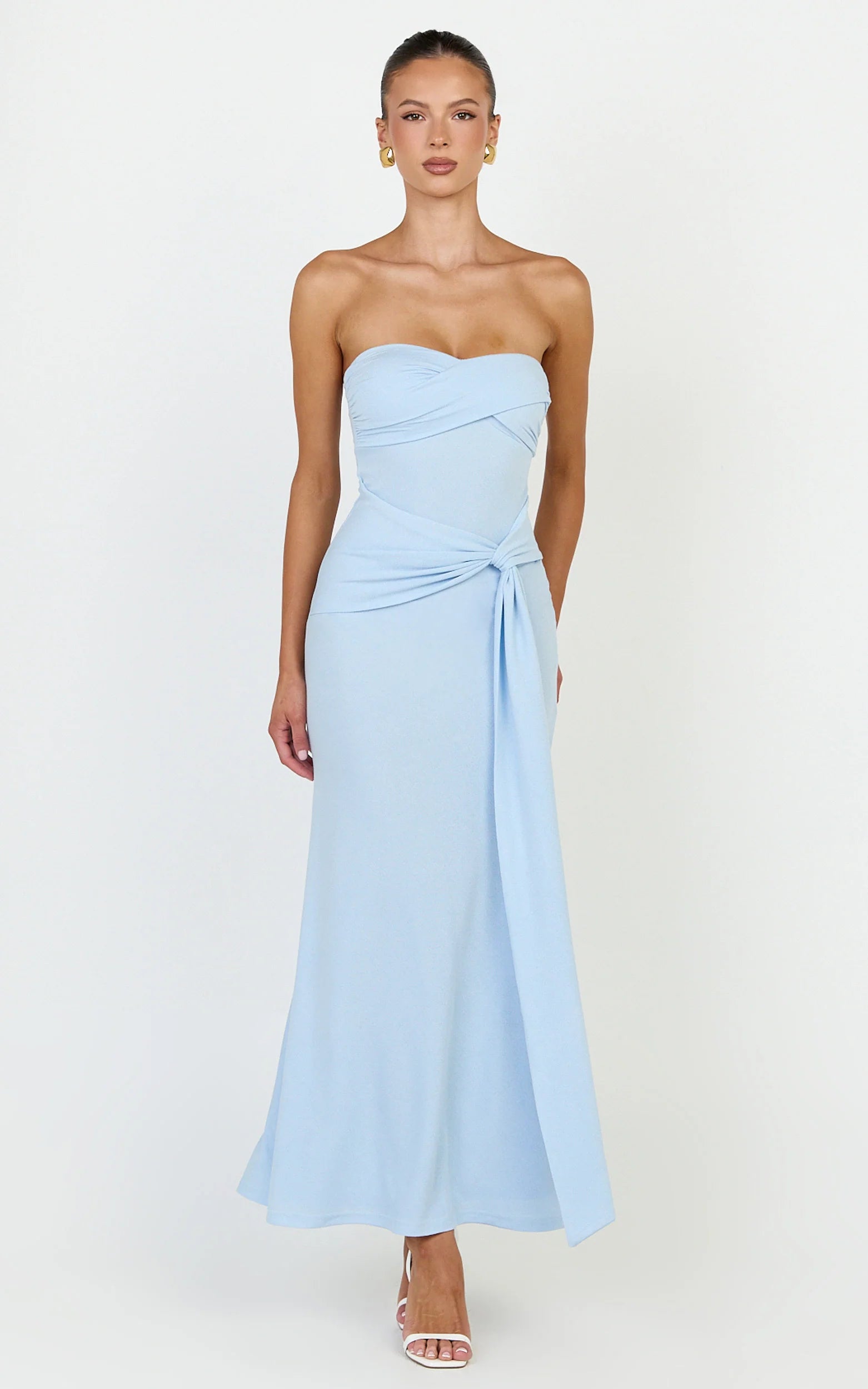 Aria Midi Dress - Strapless Tie Waist Dress in Light Blue