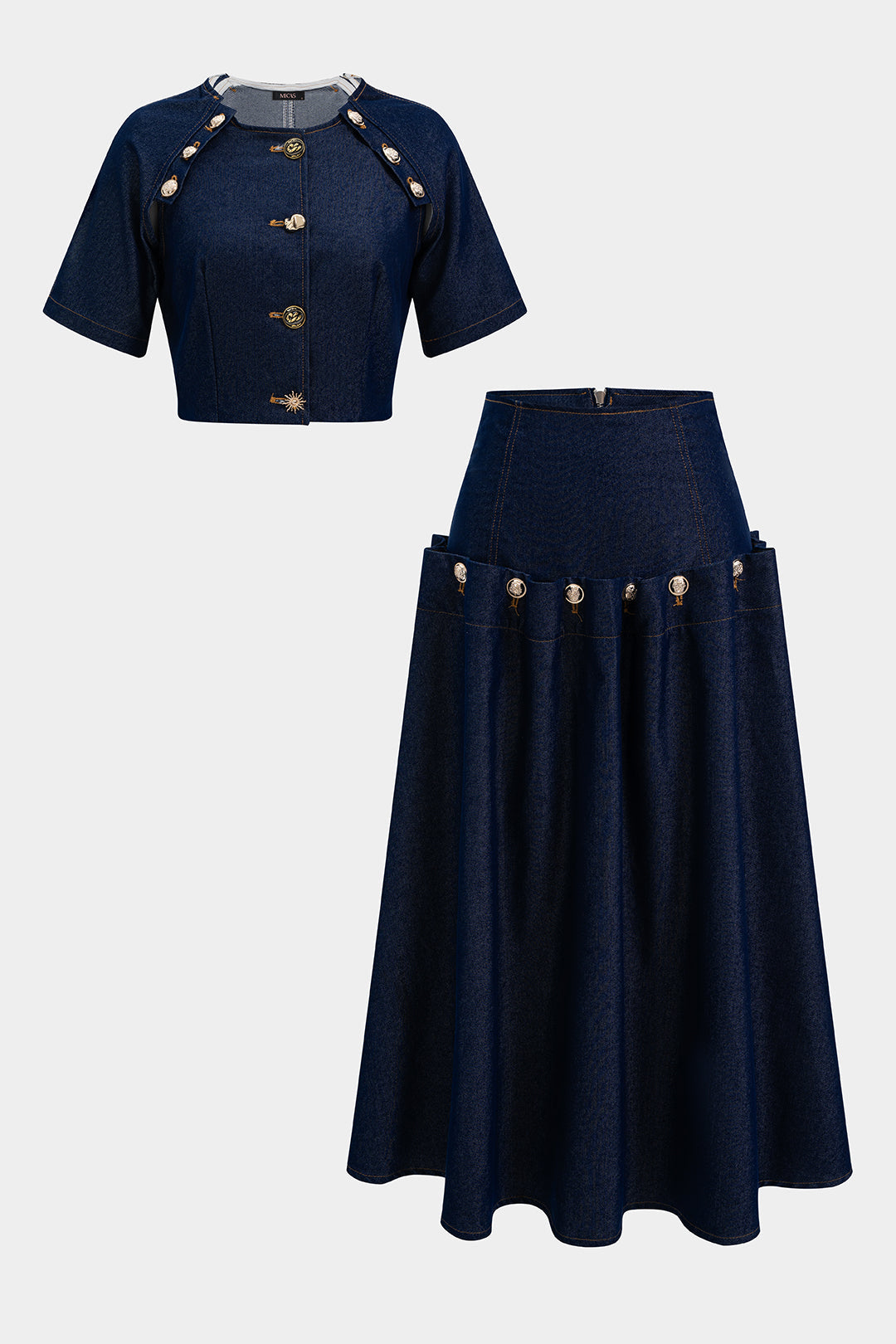 Denim Metallic Button Short Sleeve Top  And Tie-Up Skirt Set