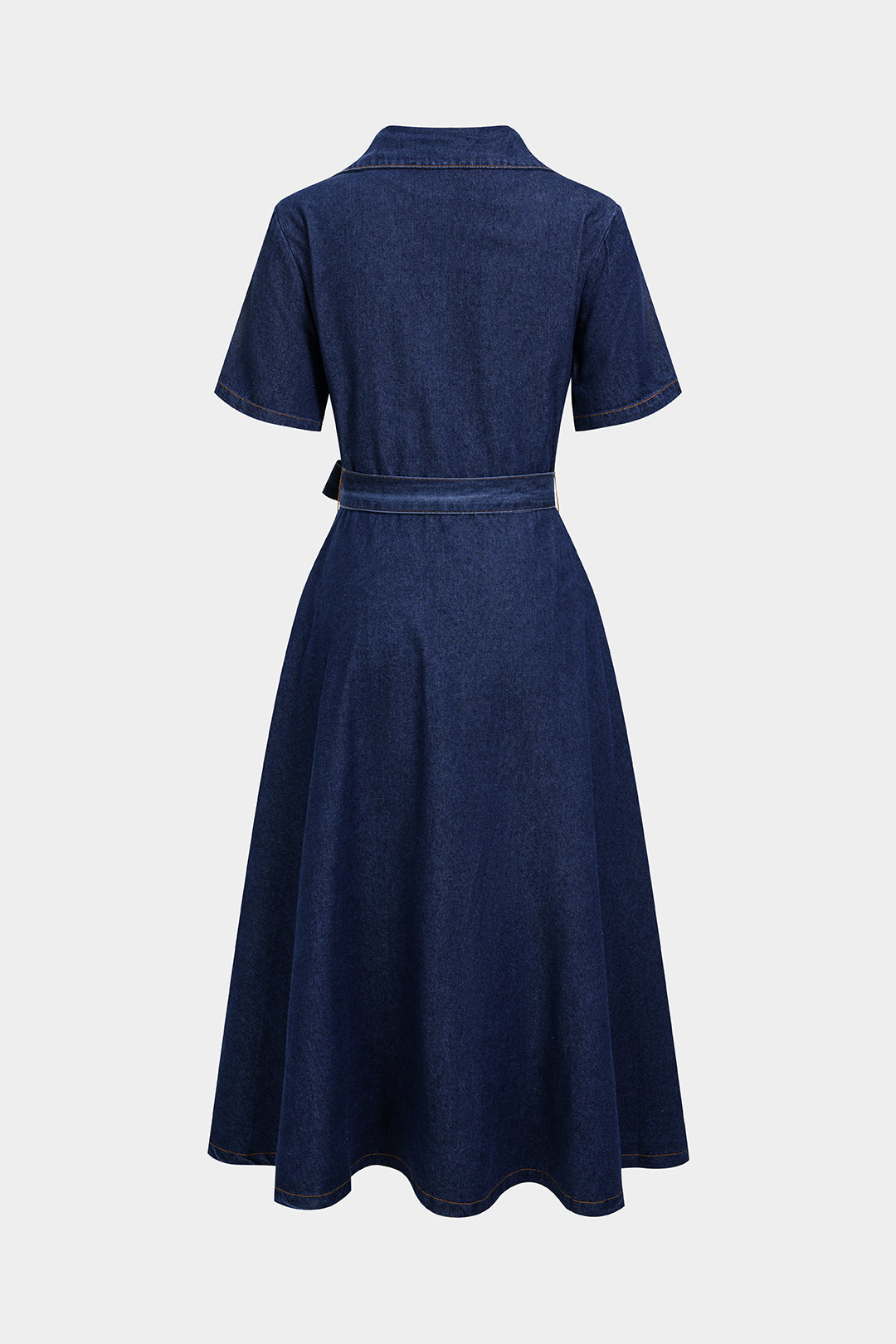 Denim V-Neck Belted Short Sleeve Maxi Dress