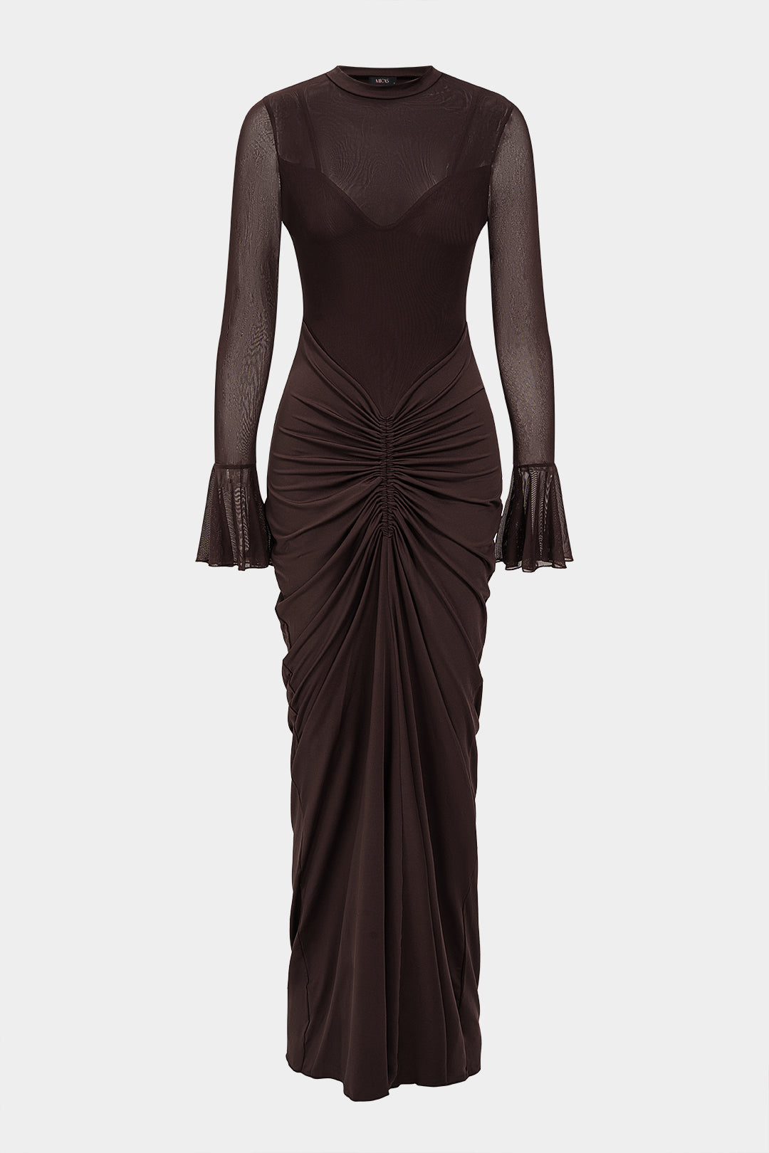 Mesh Patchwork Ruched Bell Long Sleeve Maxi Dress