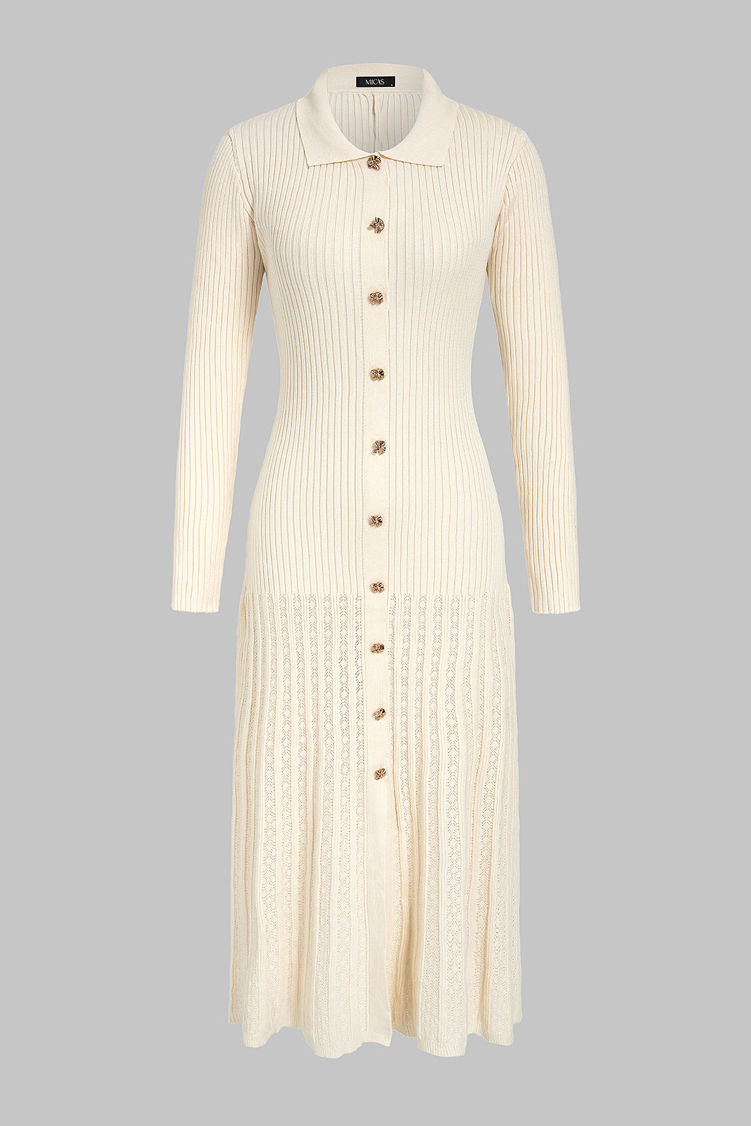 Knit Lapel Metallic Button Ribbed Long Sleeve Maxi Dress