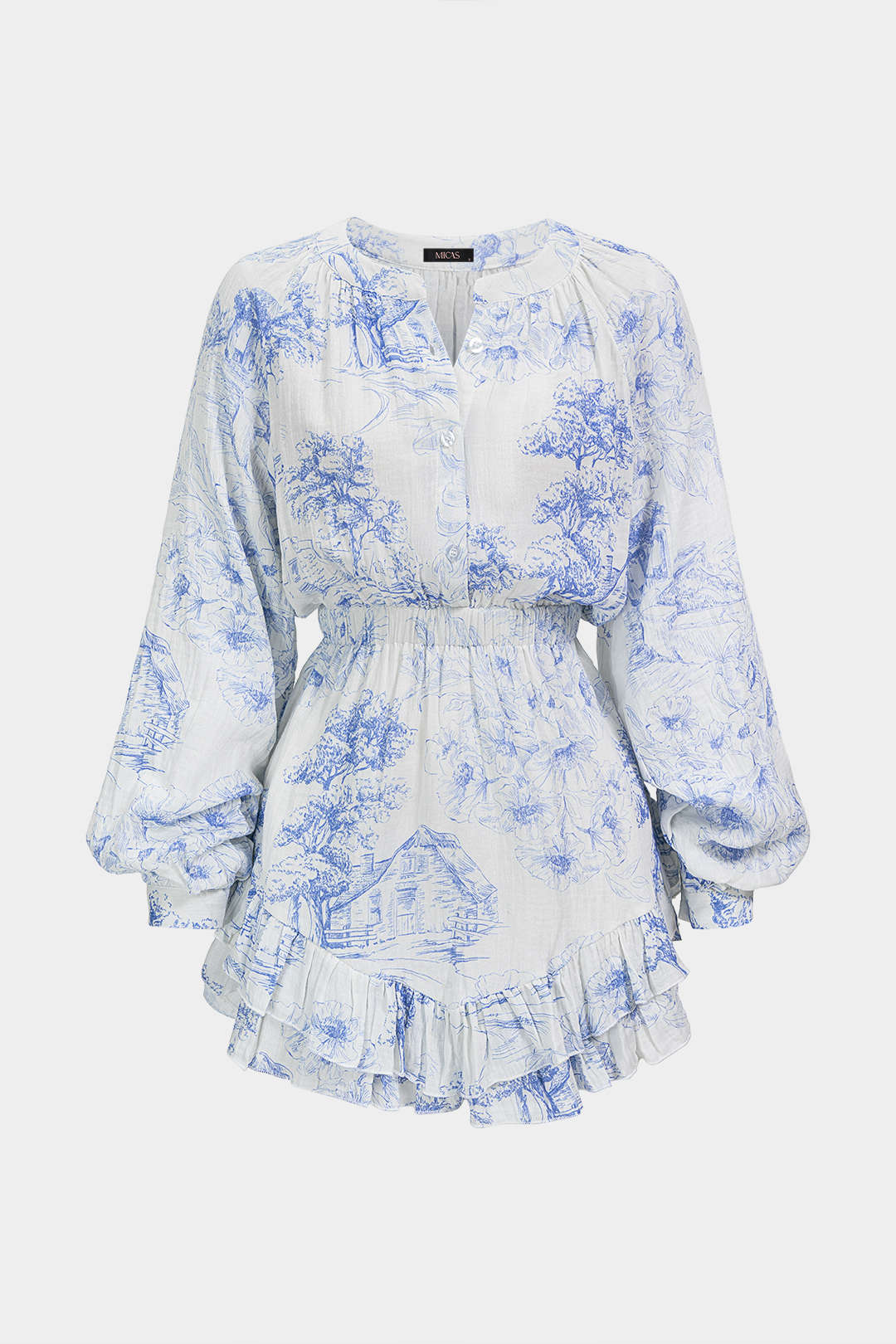 Floral Print V-Neck Ruffle Hem Long Sleeve Mini Dress