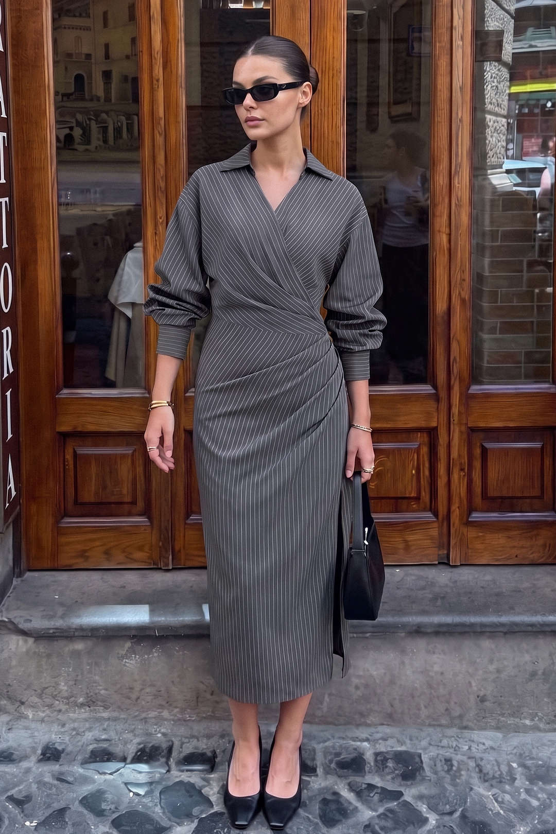 Stripes Print V-Neck Ruched Long Sleeve Maxi Dress