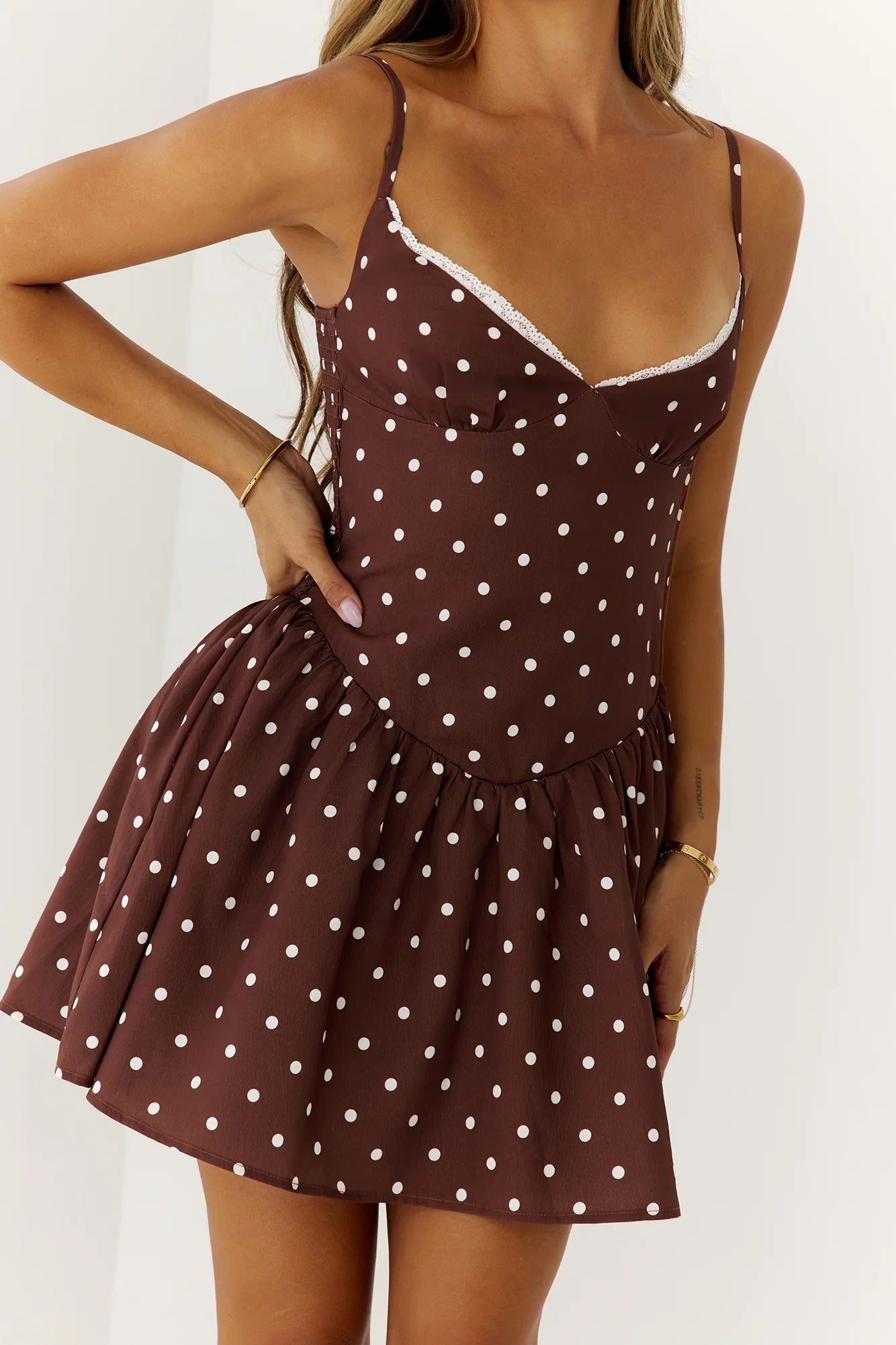 Wink At Me Polka Dot Mini Dress Brown