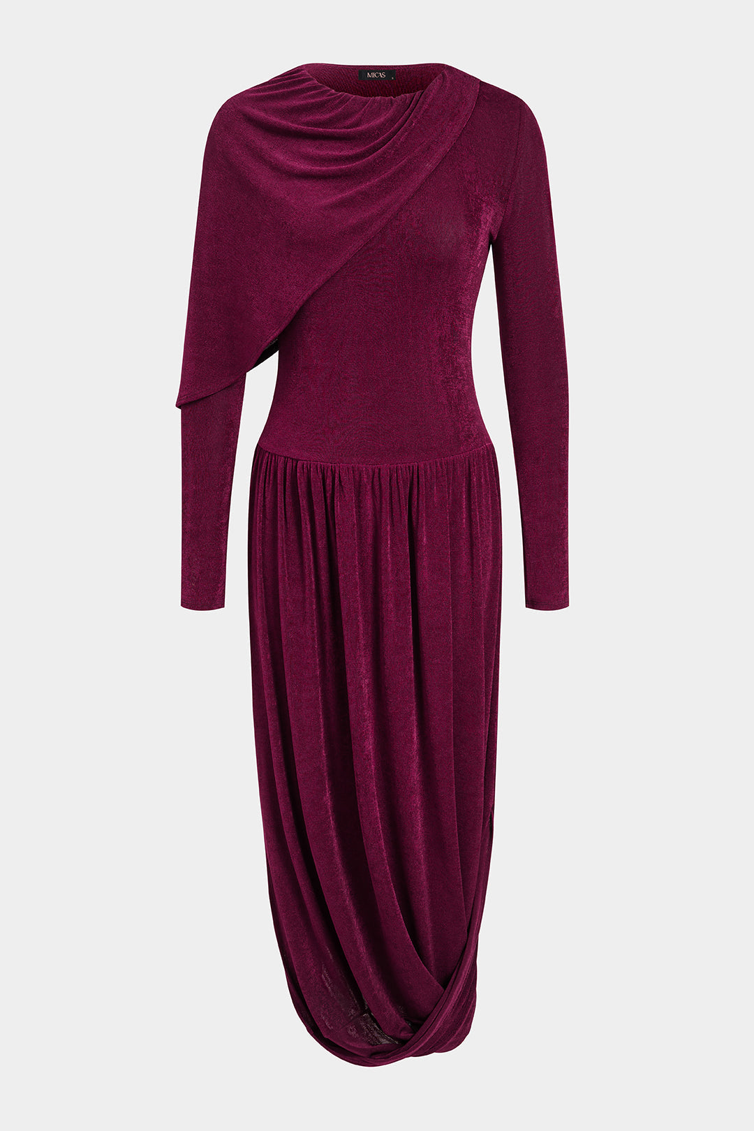 Asymmetrical Ruched Round Neck Long Sleeve Maxi Dress