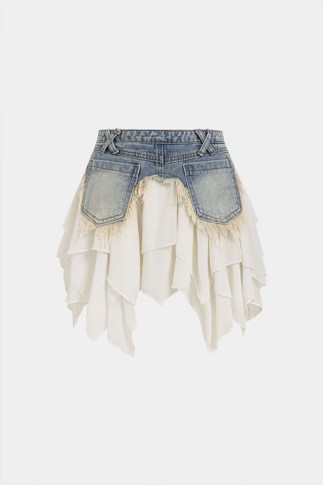 Denim Patchwork Chiffon Irregular Hem Frayed Skirt