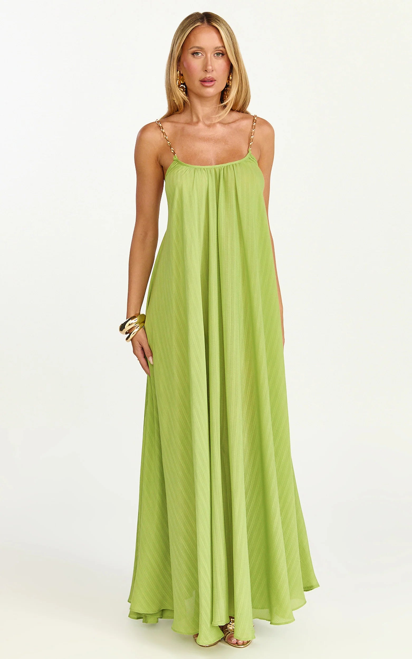 Eliana Maxi Dress - V Neck Chain Strap Tie Back Shift Dress in Green