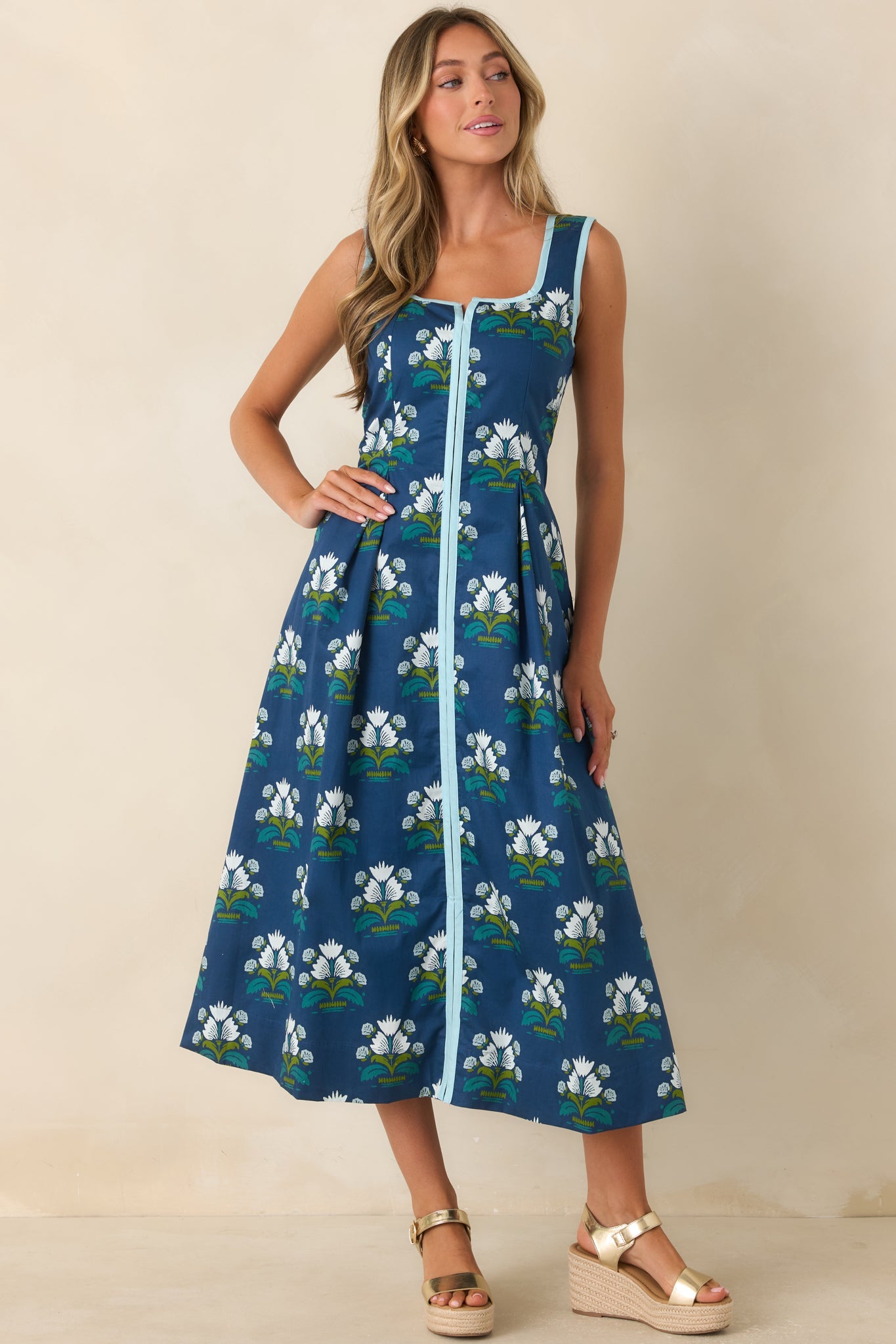 What I Had in Mind Deep Blue Floral Cotton Midi Dress