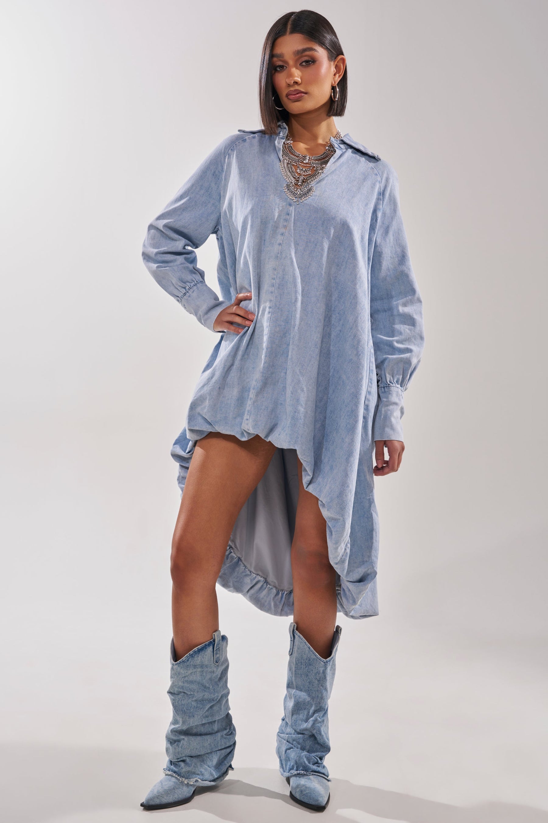 AMELIA DENIM HIGH-LOW DRESS