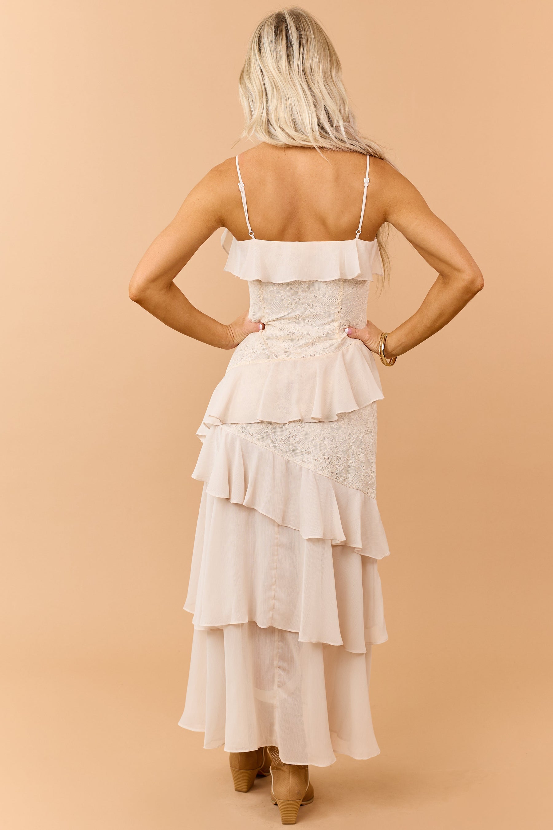 Almond Chiffon Floral Lace Ruffle Tiered Maxi Dress
