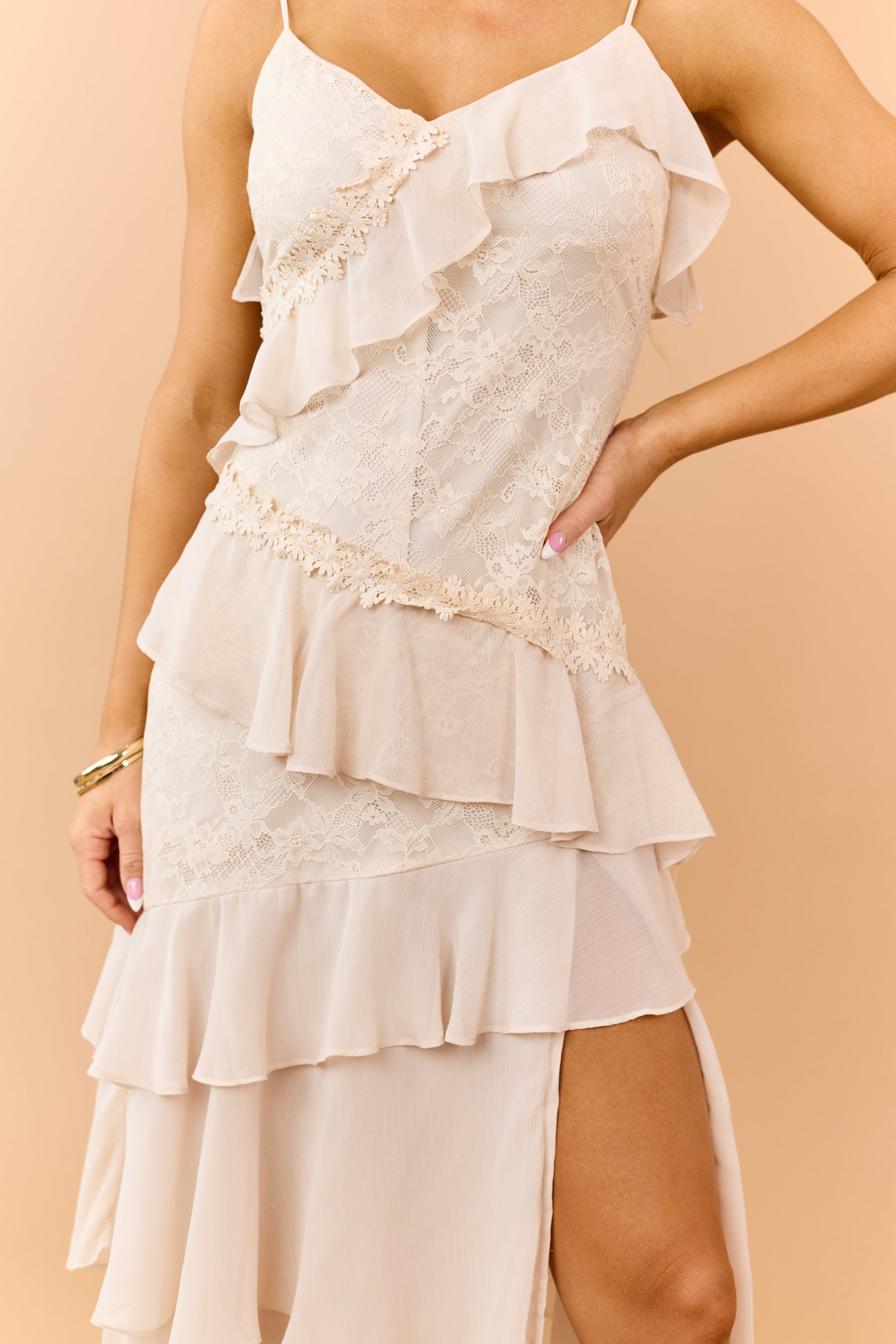 Almond Chiffon Floral Lace Ruffle Tiered Maxi Dress
