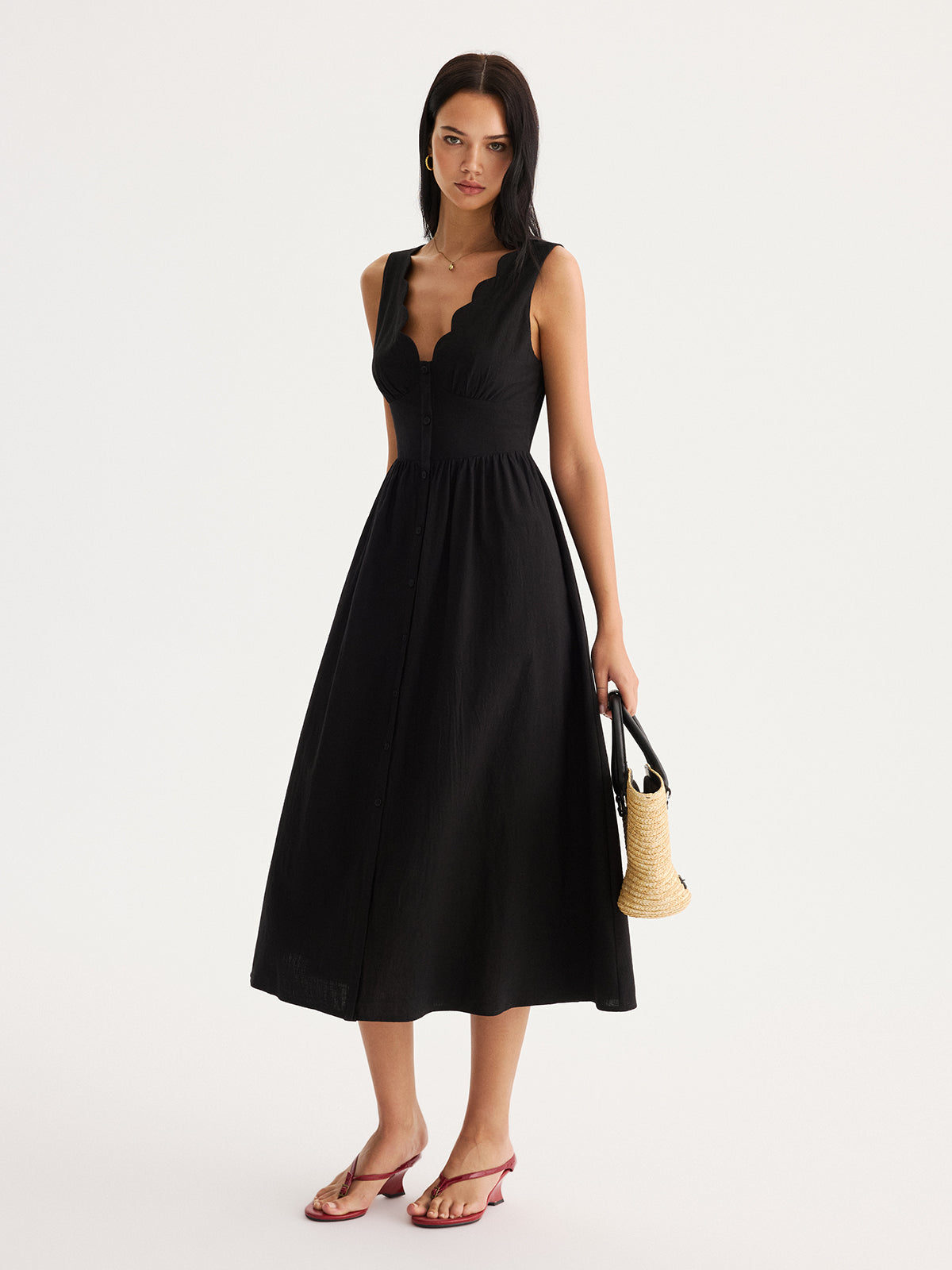 Scalloped Neckline Tie-Back Cotton Maxi Dress