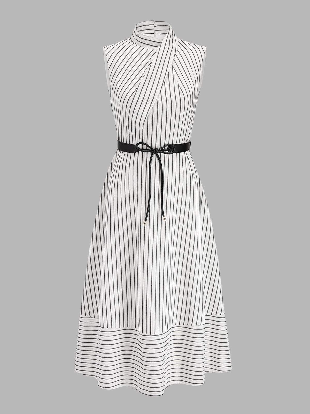Wrap Collar Striped Belted Midi Dress