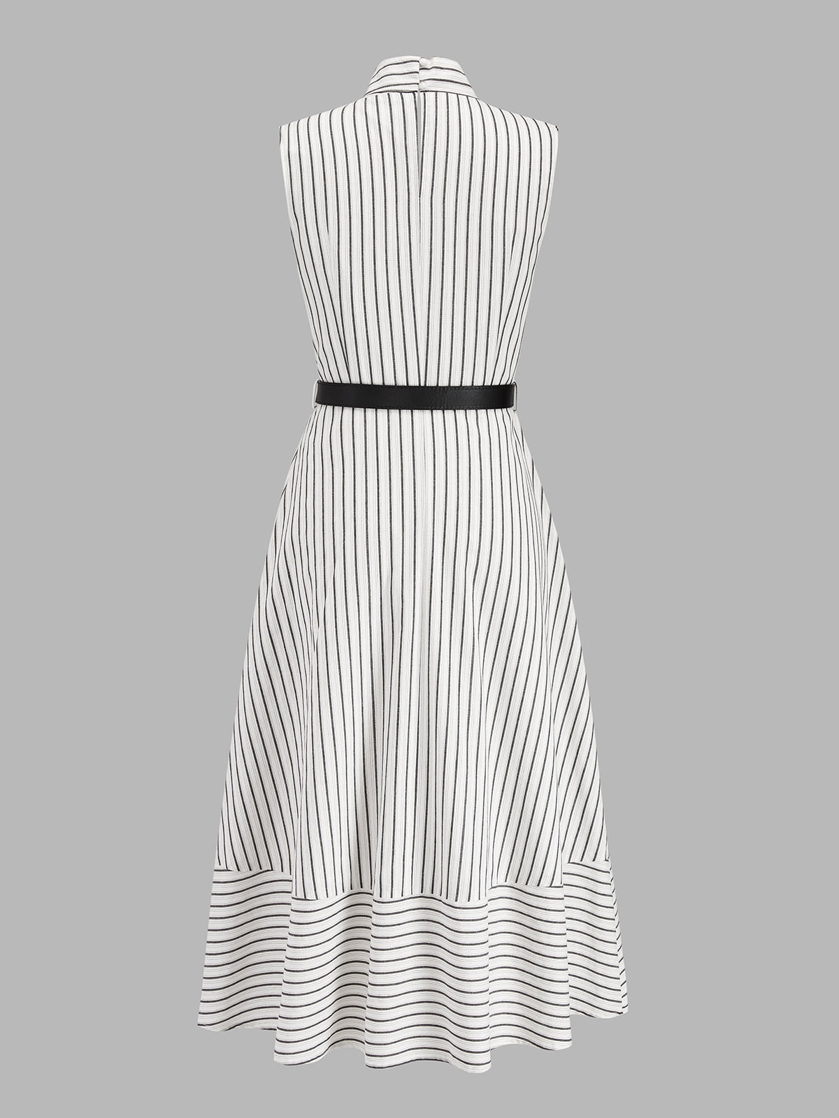 Wrap Collar Striped Belted Midi Dress