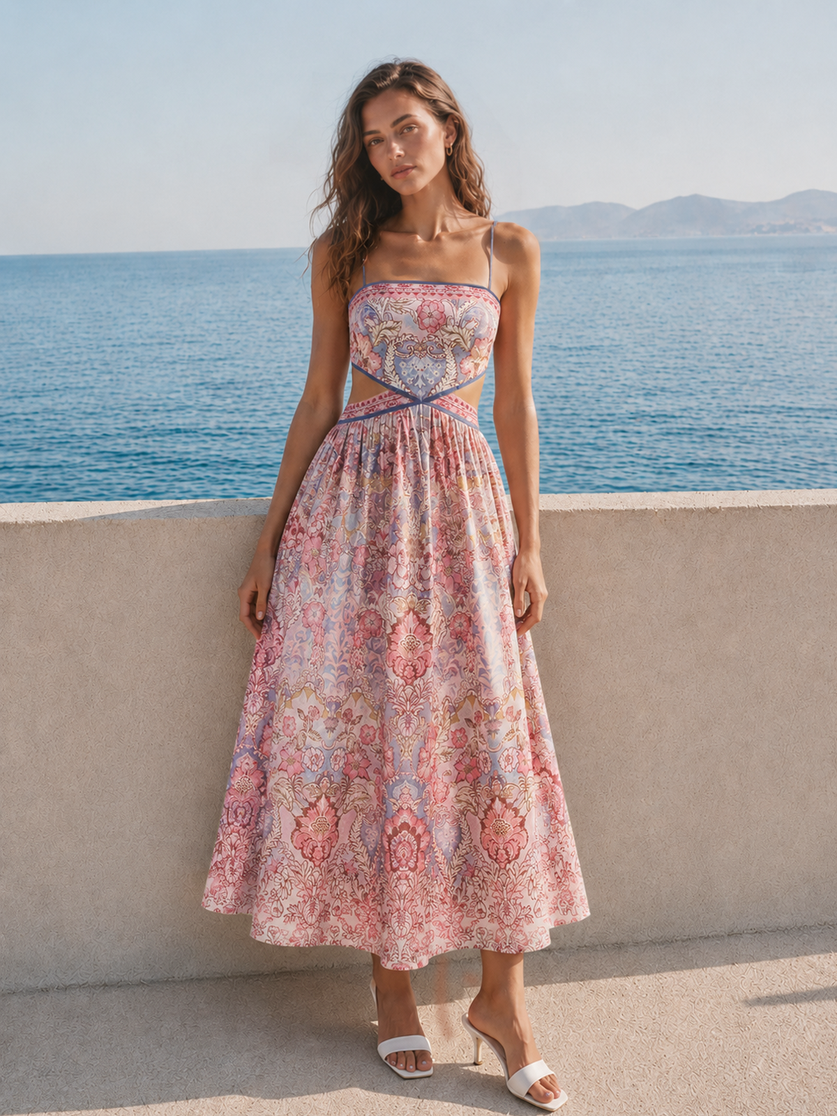 Vintage Floral Cutout Back Tie Maxi Dress
