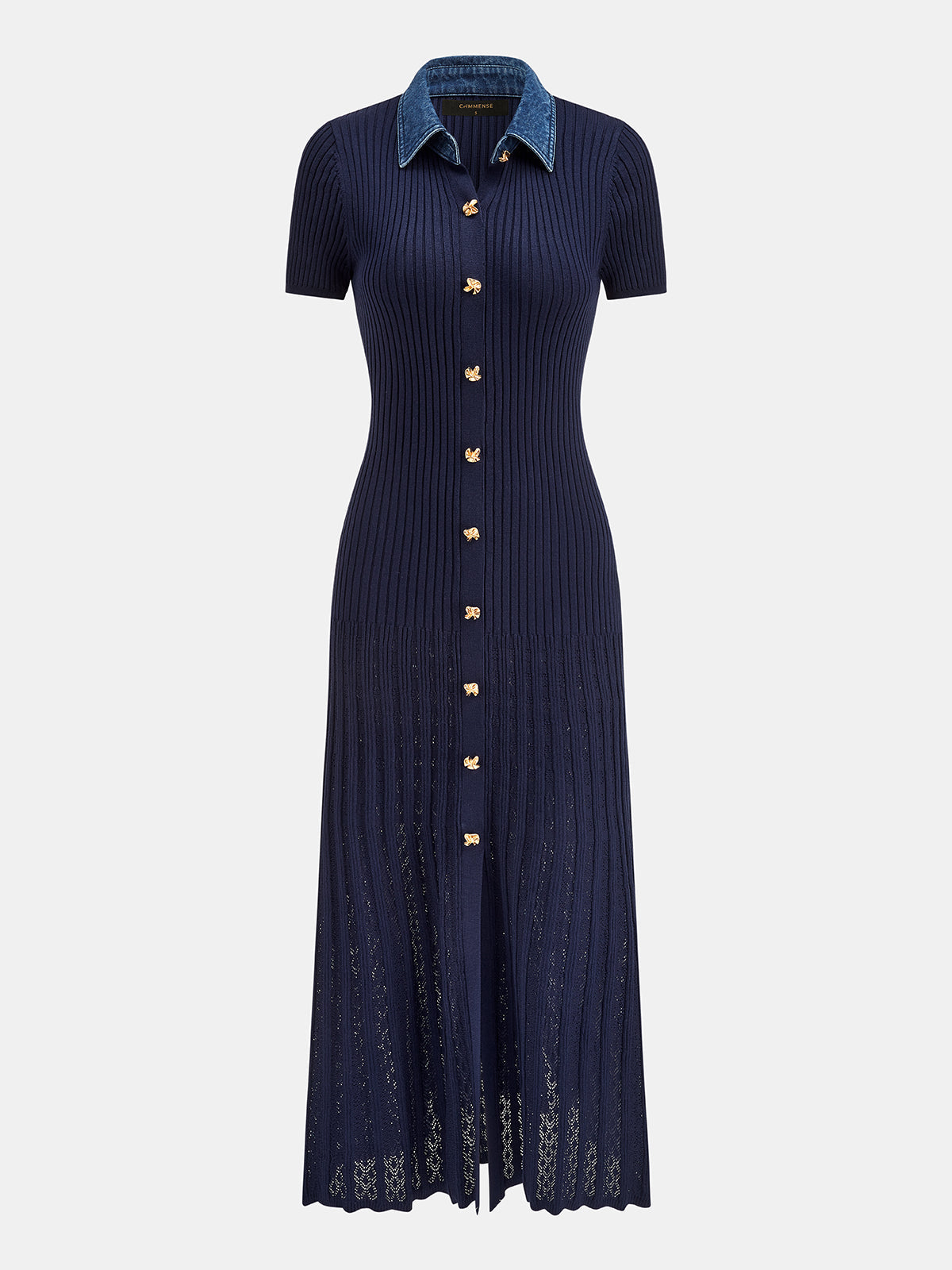 Denim Collar Ribbed Knit Maxi Dress