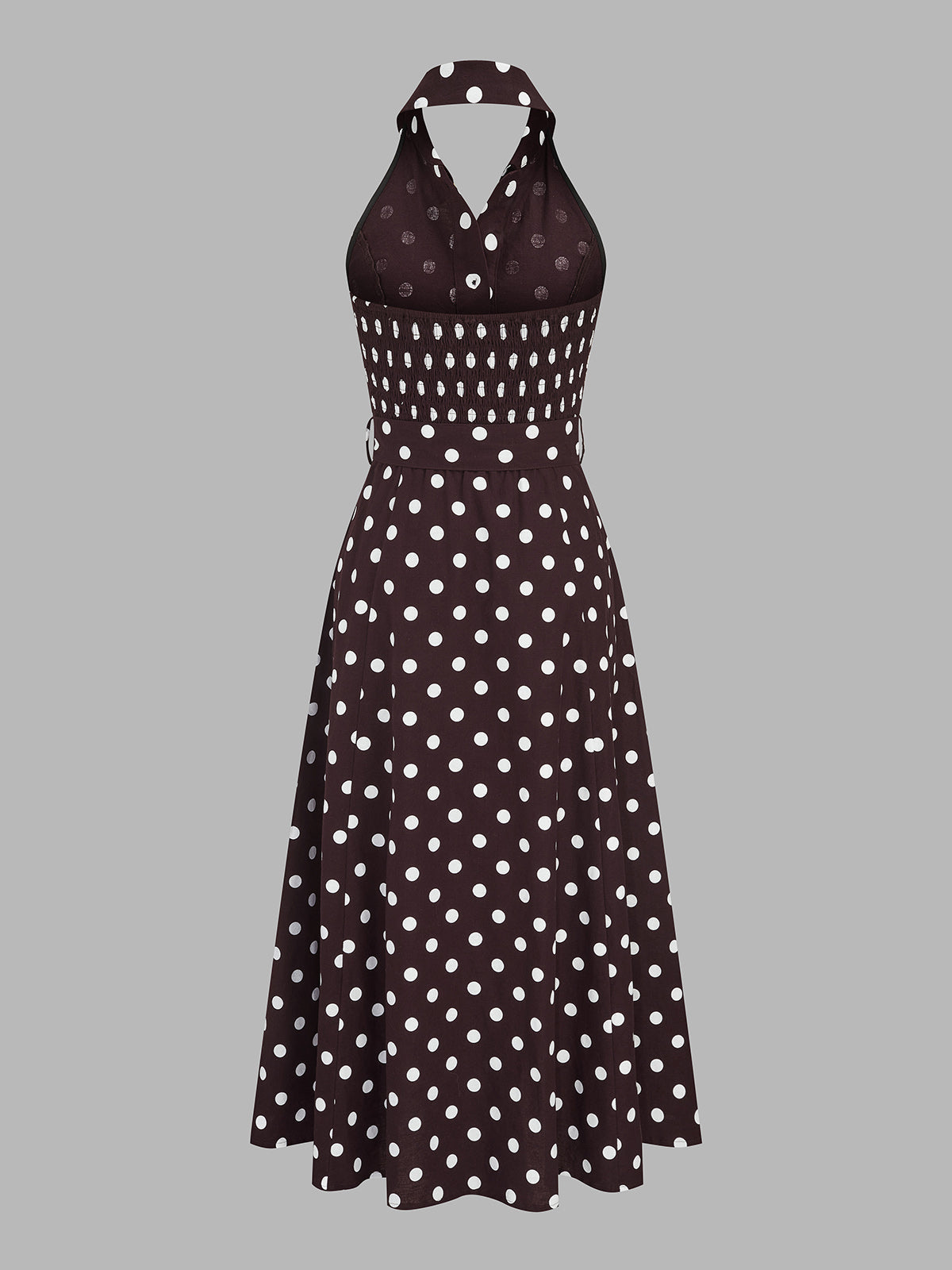 Polka Dot Halter Belted Cotton Linen Midi Dress
