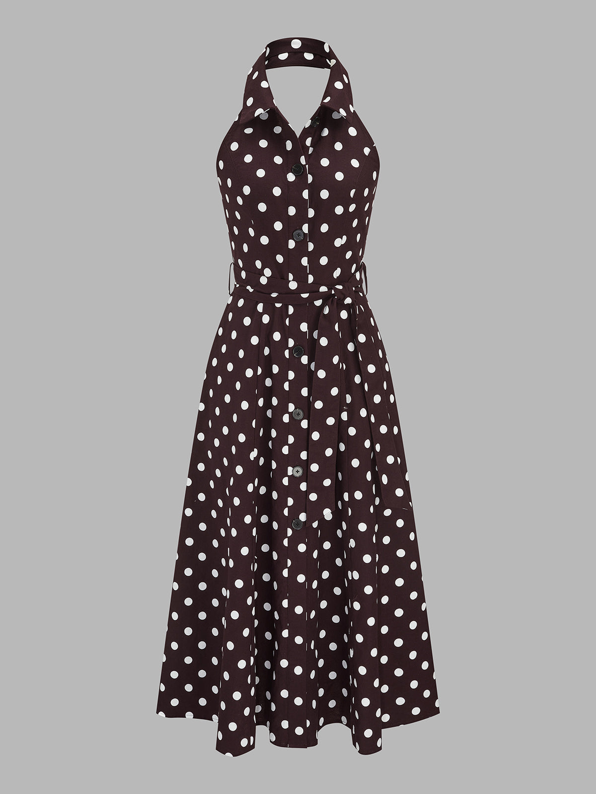 Polka Dot Halter Belted Cotton Linen Midi Dress
