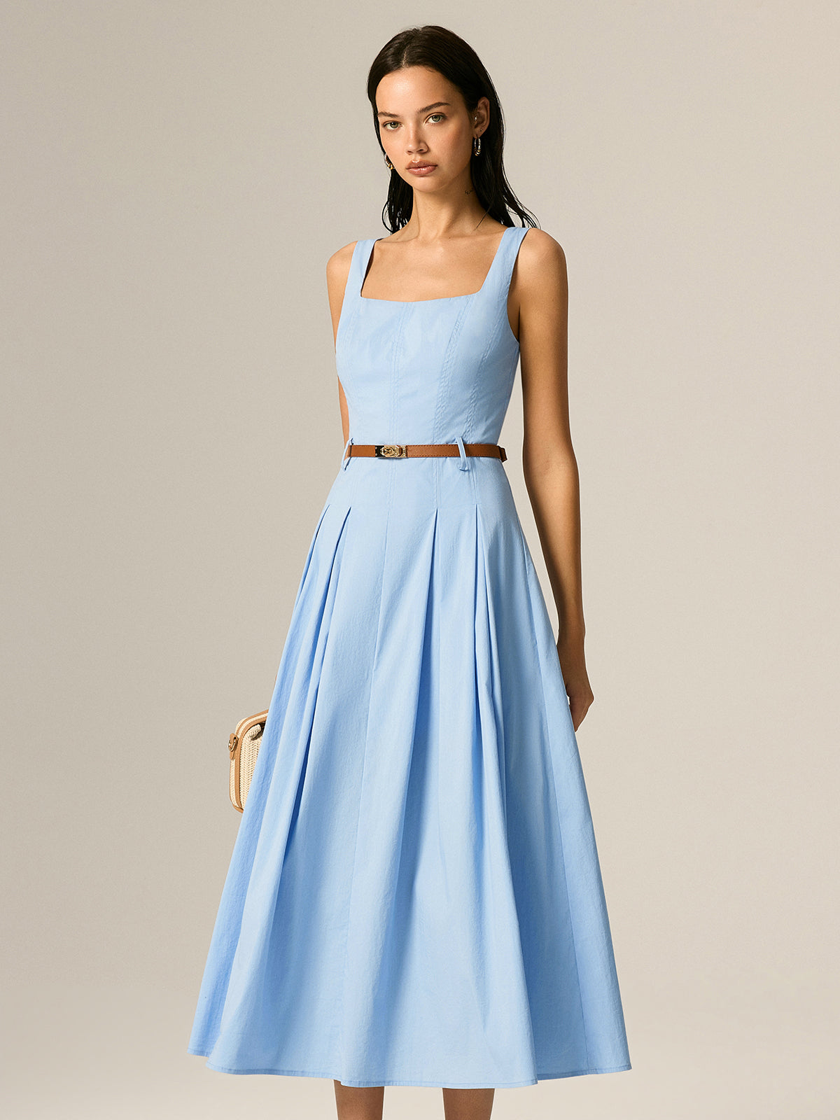 Square Neck Belted Pleated Maxi Dress