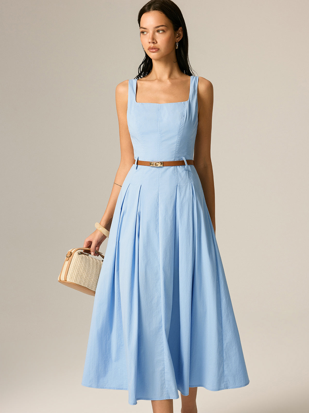 Square Neck Belted Pleated Maxi Dress