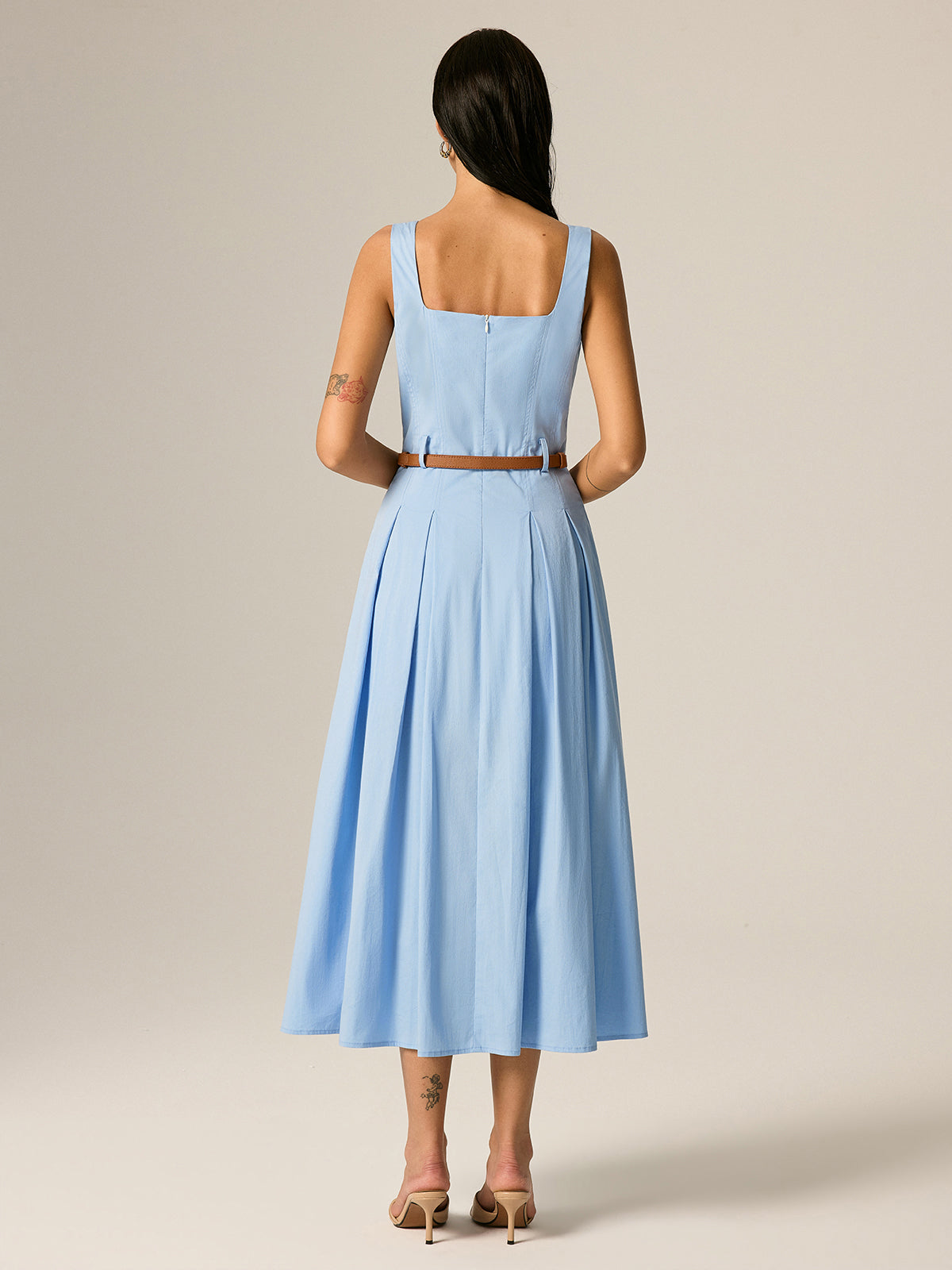 Square Neck Belted Pleated Maxi Dress