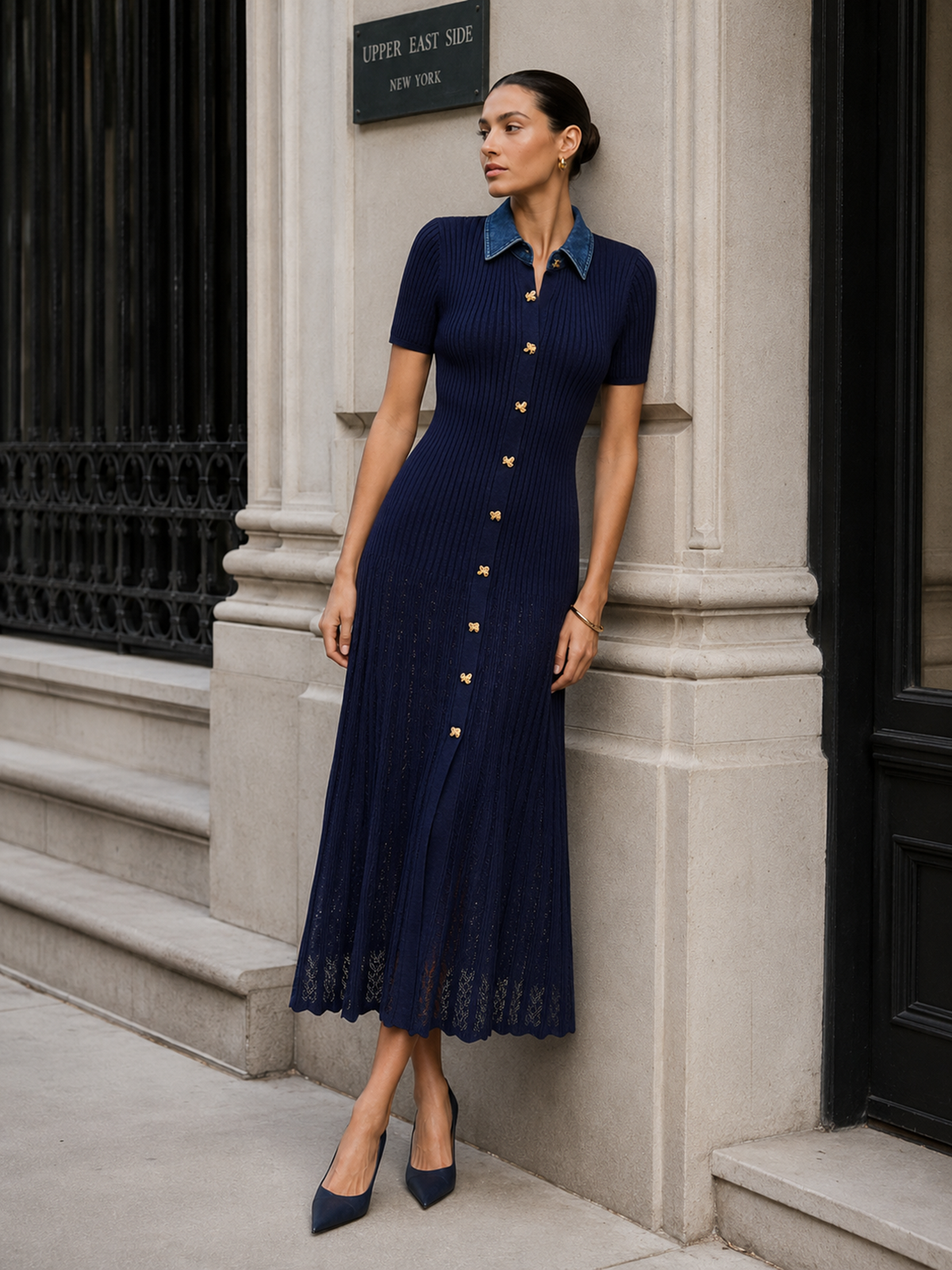 Denim Collar Ribbed Knit Maxi Dress