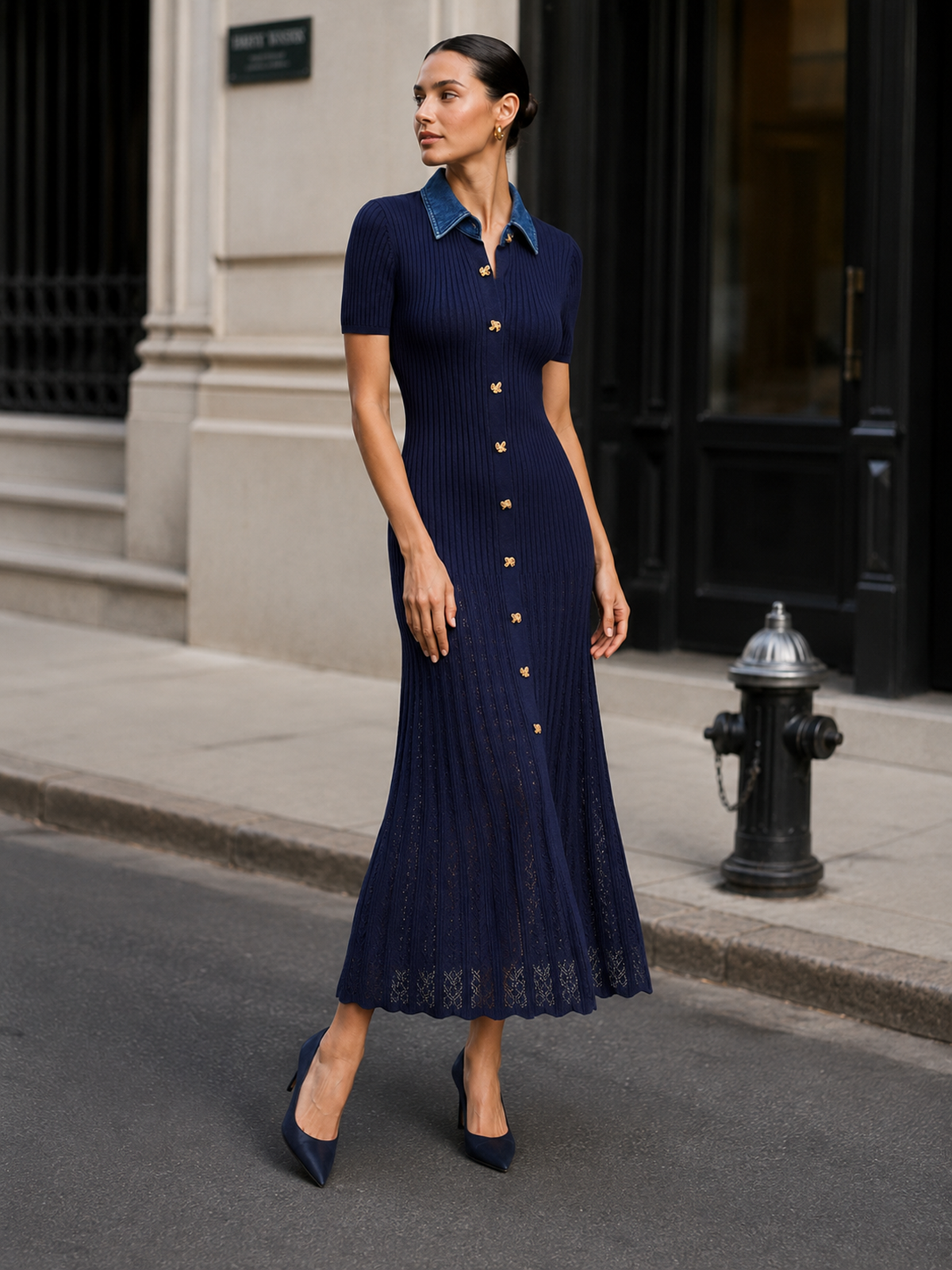 Denim Collar Ribbed Knit Maxi Dress