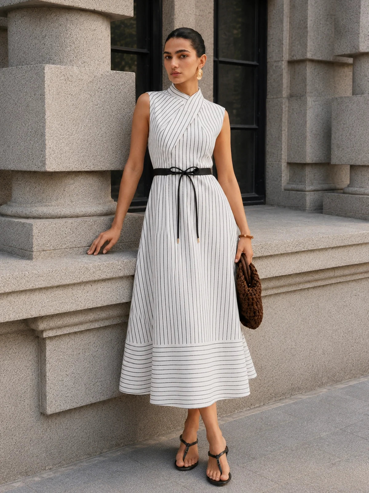 Wrap Collar Striped Belted Midi Dress