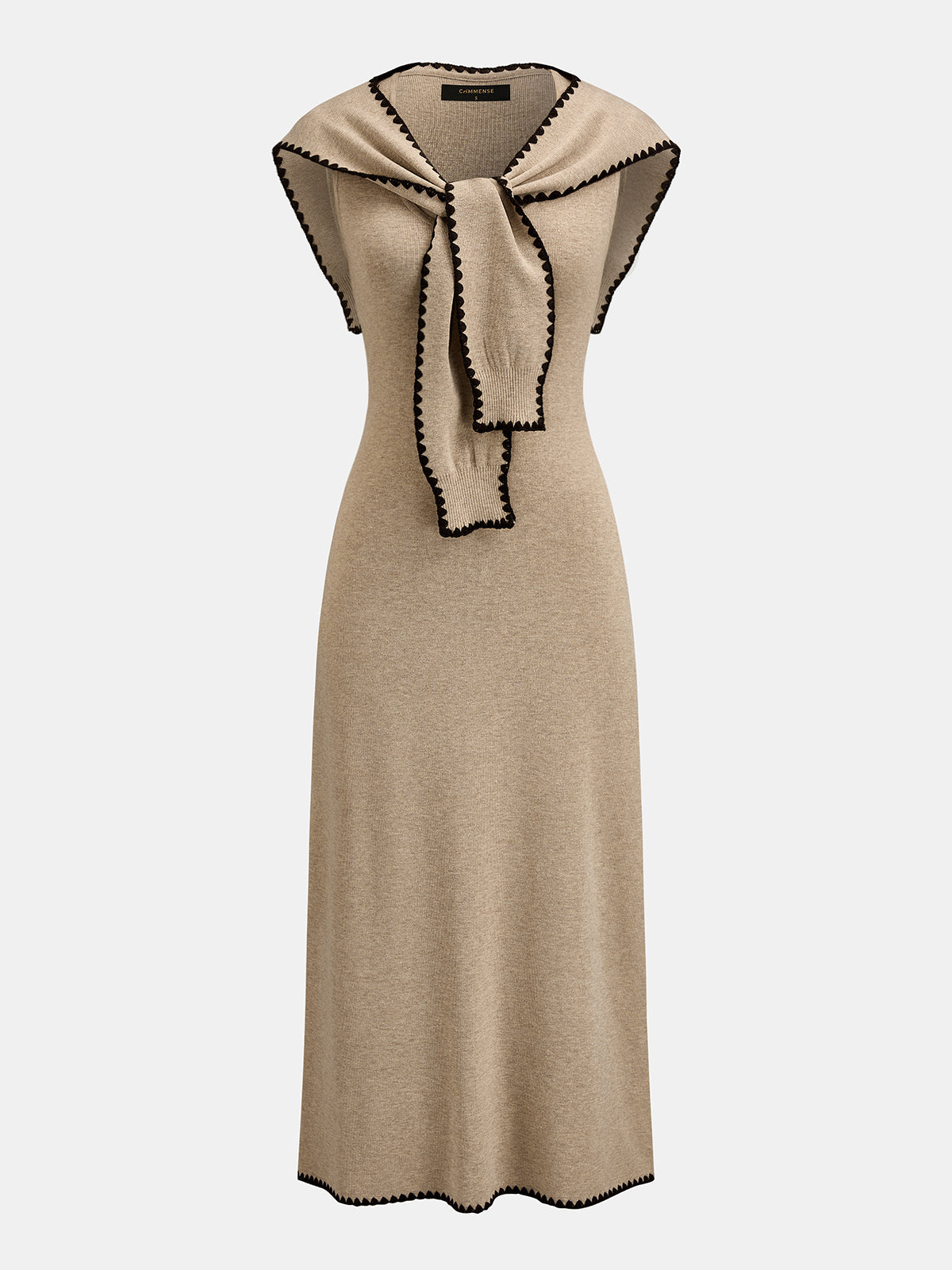 Tie Cape Contrast Trim Knit Midi Dress