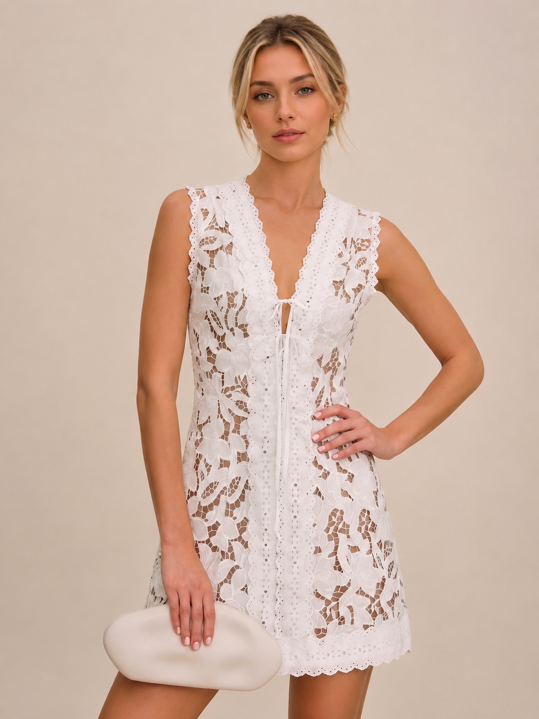 Sleeveless V Neck Lace Mini Dress