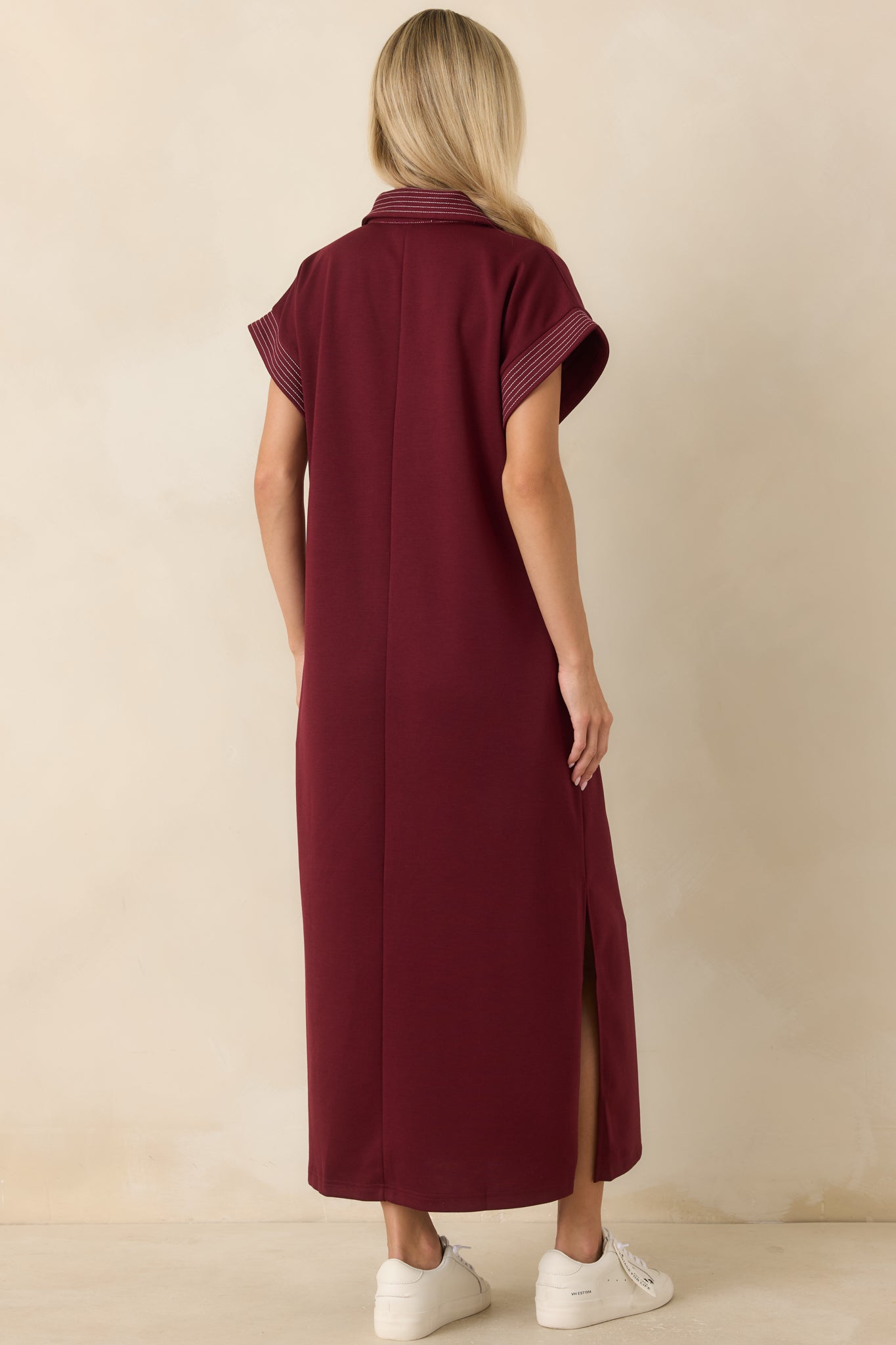 One Less Thing Wine V-Neck Contrast Pinstripe Maxi Dress