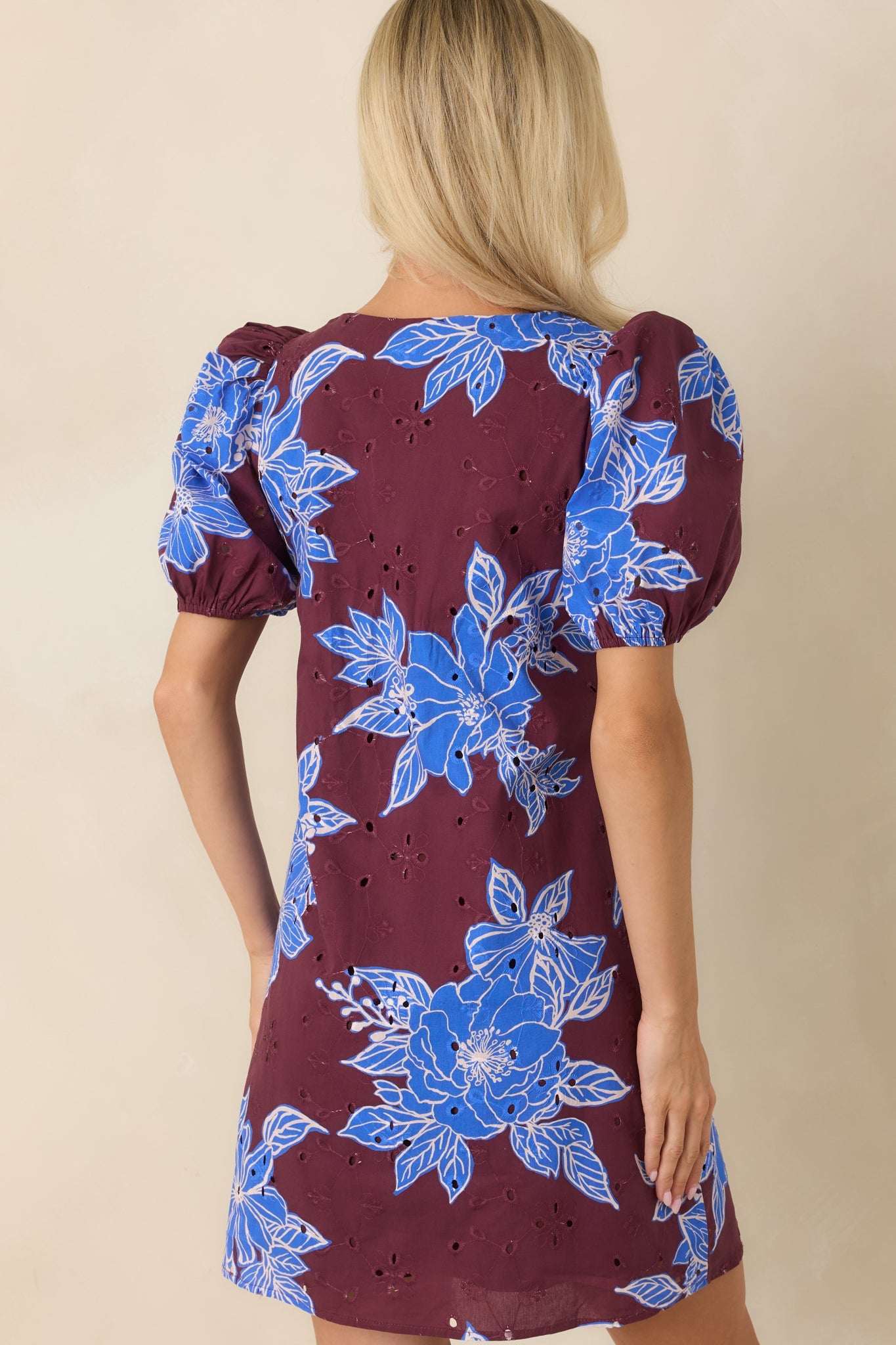 If You Ask Me Wine & Cobalt Floral Cotton Puff Sleeve Mini Dress