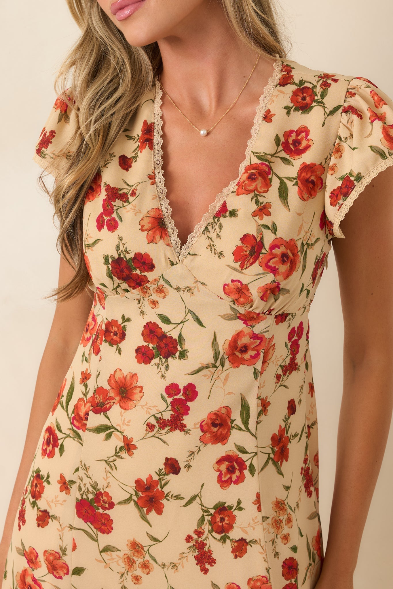 Tender Moments Light Beige Floral Lace-Trim Midi Dress